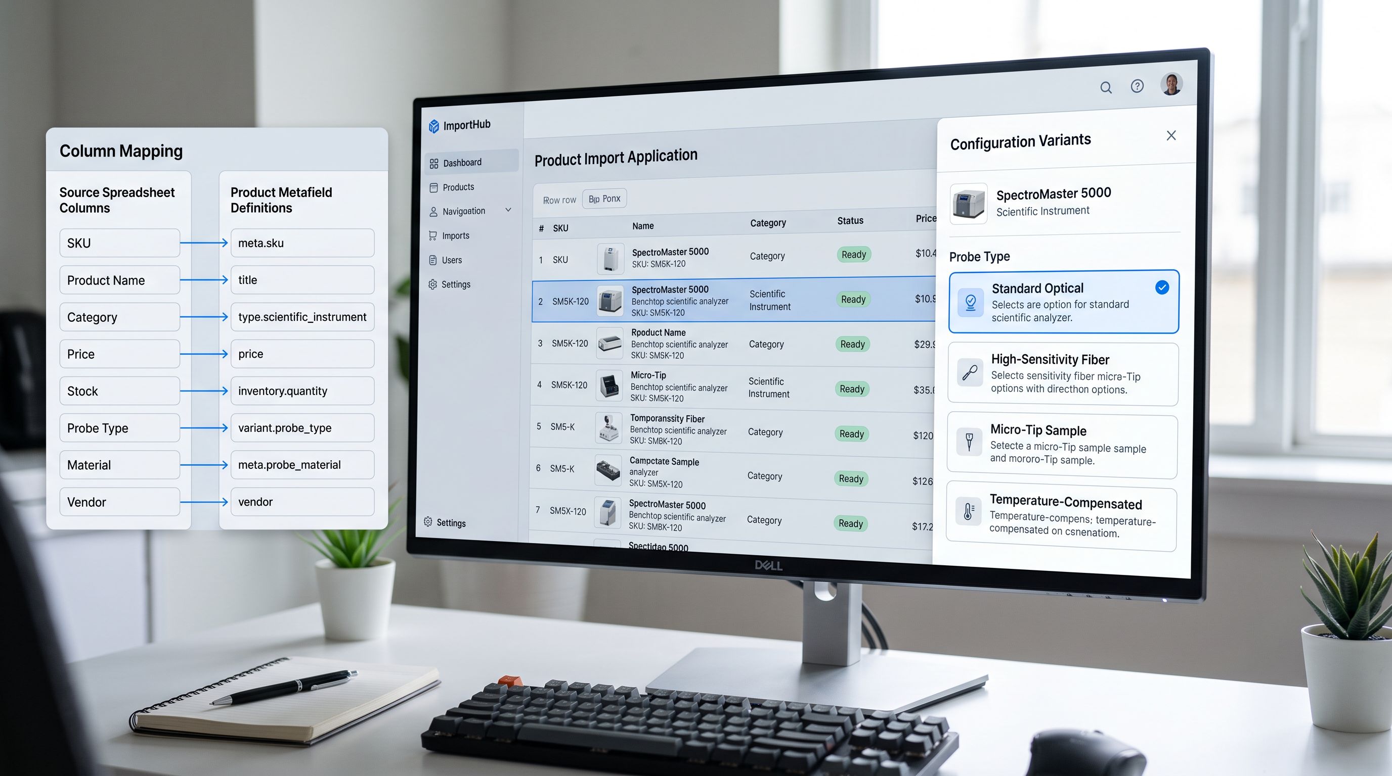 A monitor screen showing a Shopify product import preview with a scientific instrument row group, variant options visible as Probe Type with four values, column mapping panel on the left side with metafield definitions matched to supplier columns, sharp focus, colour photography.