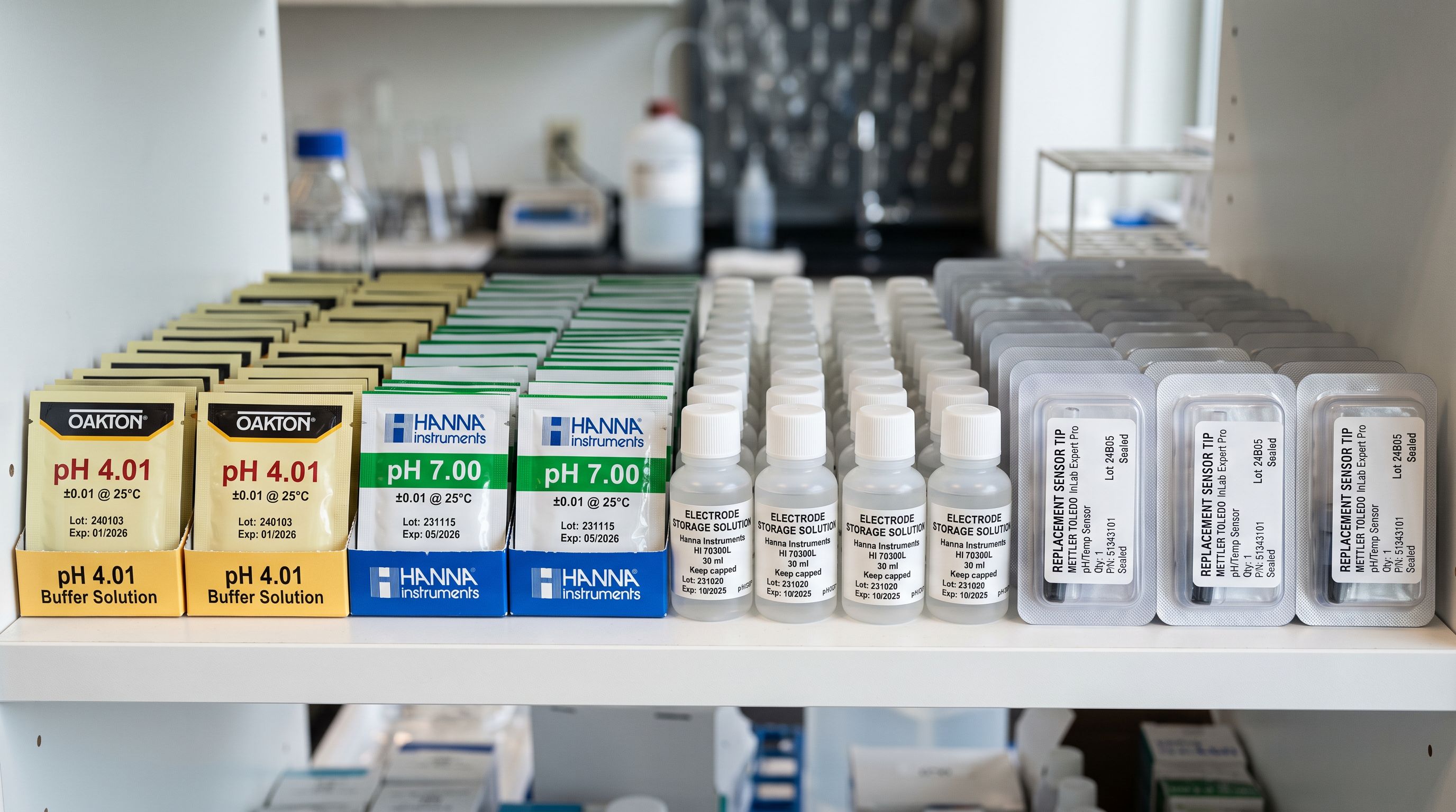Rows of laboratory consumable products on a shelf: sealed calibration buffer sachets, electrode storage solution bottles, and replacement probe tip packs with product labels, sharp focus, colour photography.