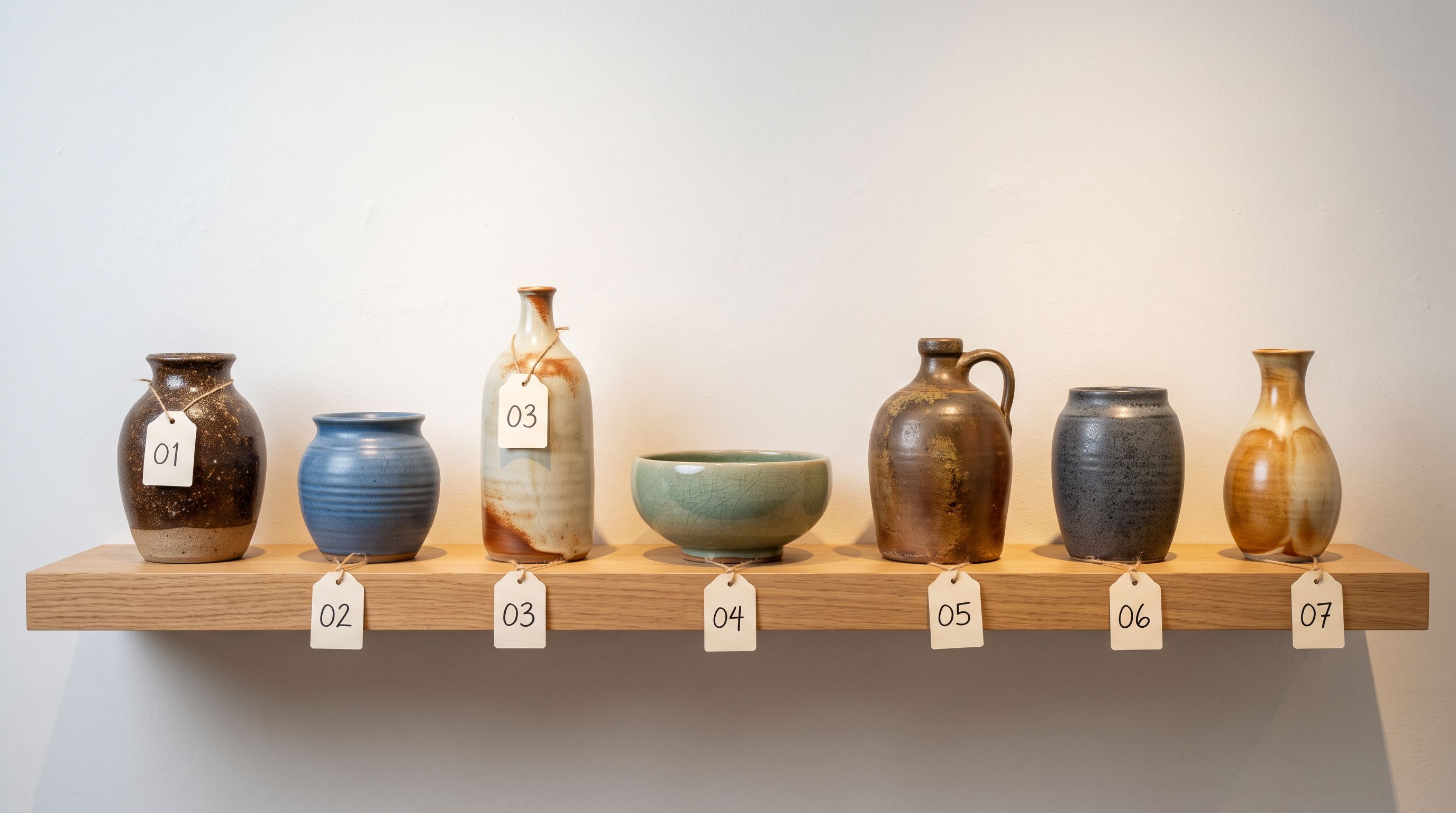 Sixteen ceramic art pieces individually displayed on a gallery shelf in a row, each bearing a numbered tag, arranged for a limited edition product drop preview.