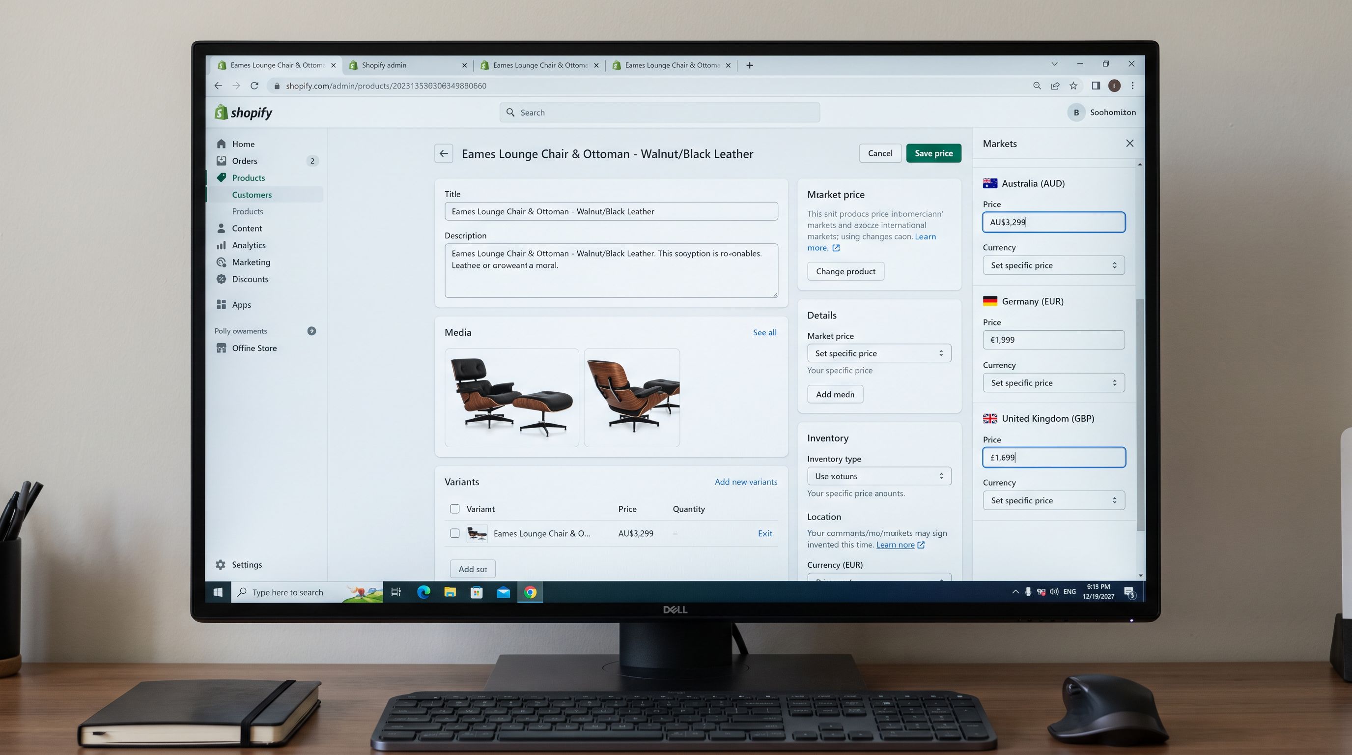 A Shopify admin product page on a monitor showing a furniture product with the Markets panel open on the right, three market price fields visible for Australia, Germany, and the United Kingdom showing AU $3299, EUR 1999, and GBP 1699 respectively, each set as a deliberate market-specific price rather than a currency conversion, everything in sharp focus no blur no depth of field, colour photography.