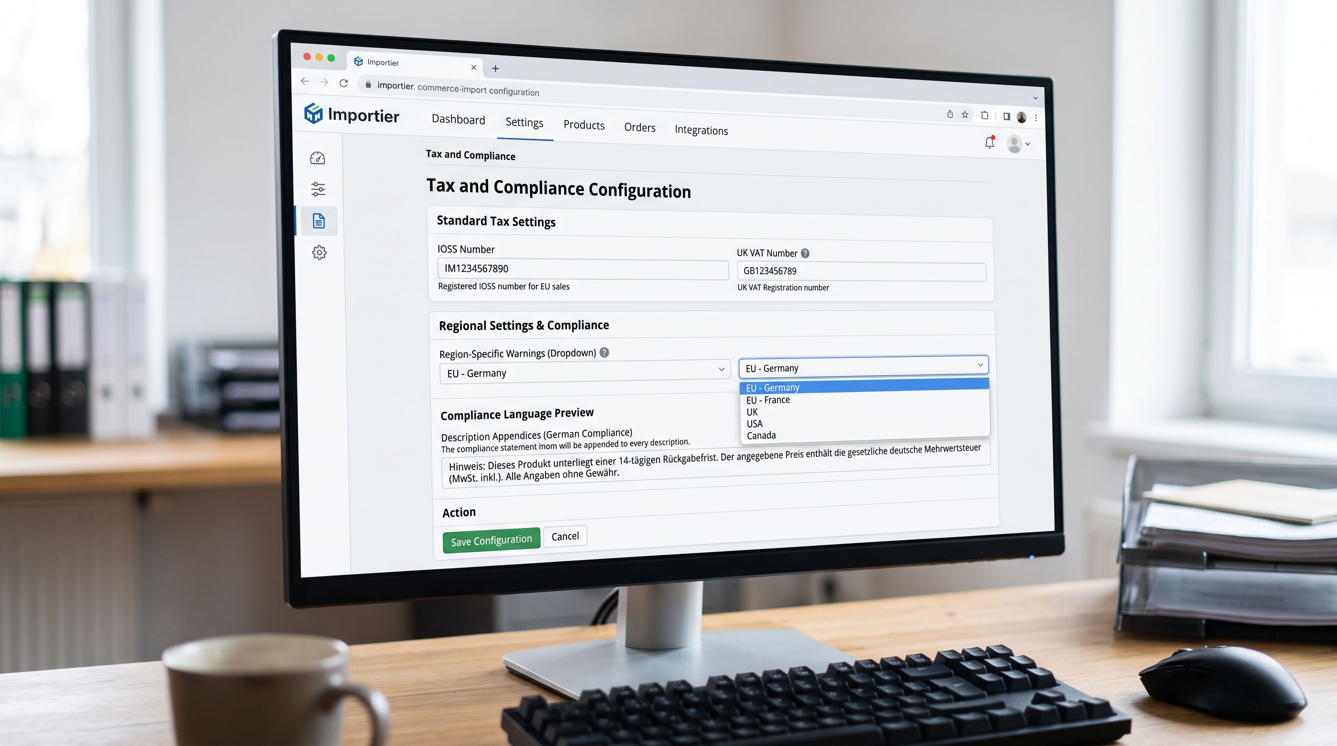 An Importier import configuration screen on a monitor showing the Tax and Compliance section with an IOSS number field, UK VAT number field, and a Region-specific warnings dropdown set to EU - Germany, a compliance language preview showing the EU right of return statement and VAT-inclusive price requirement that will be appended to every generated description, everything in sharp focus no blur no depth of field, colour photography.