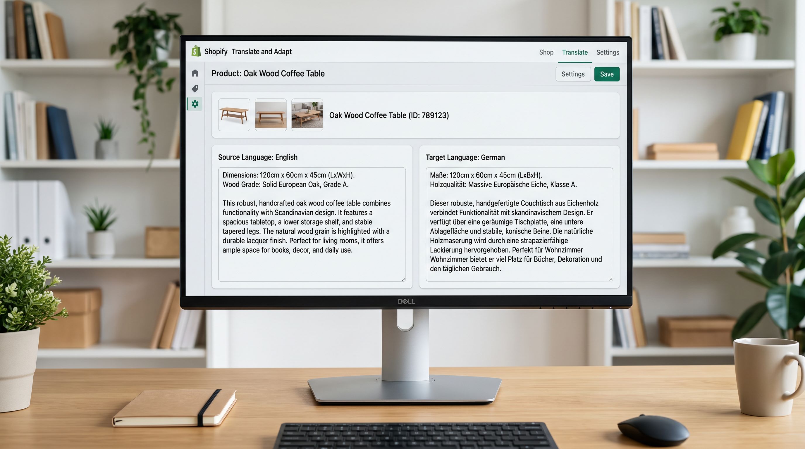 A Shopify Translate and Adapt interface on a monitor showing a furniture product with the English source description on the left and the German translation on the right, the English version showing a structured opening with dimensions and material grade followed by a function statement, the German translation carrying the same structural elements with the correct vocabulary for the German market, everything in sharp focus no blur no depth of field, colour photography.