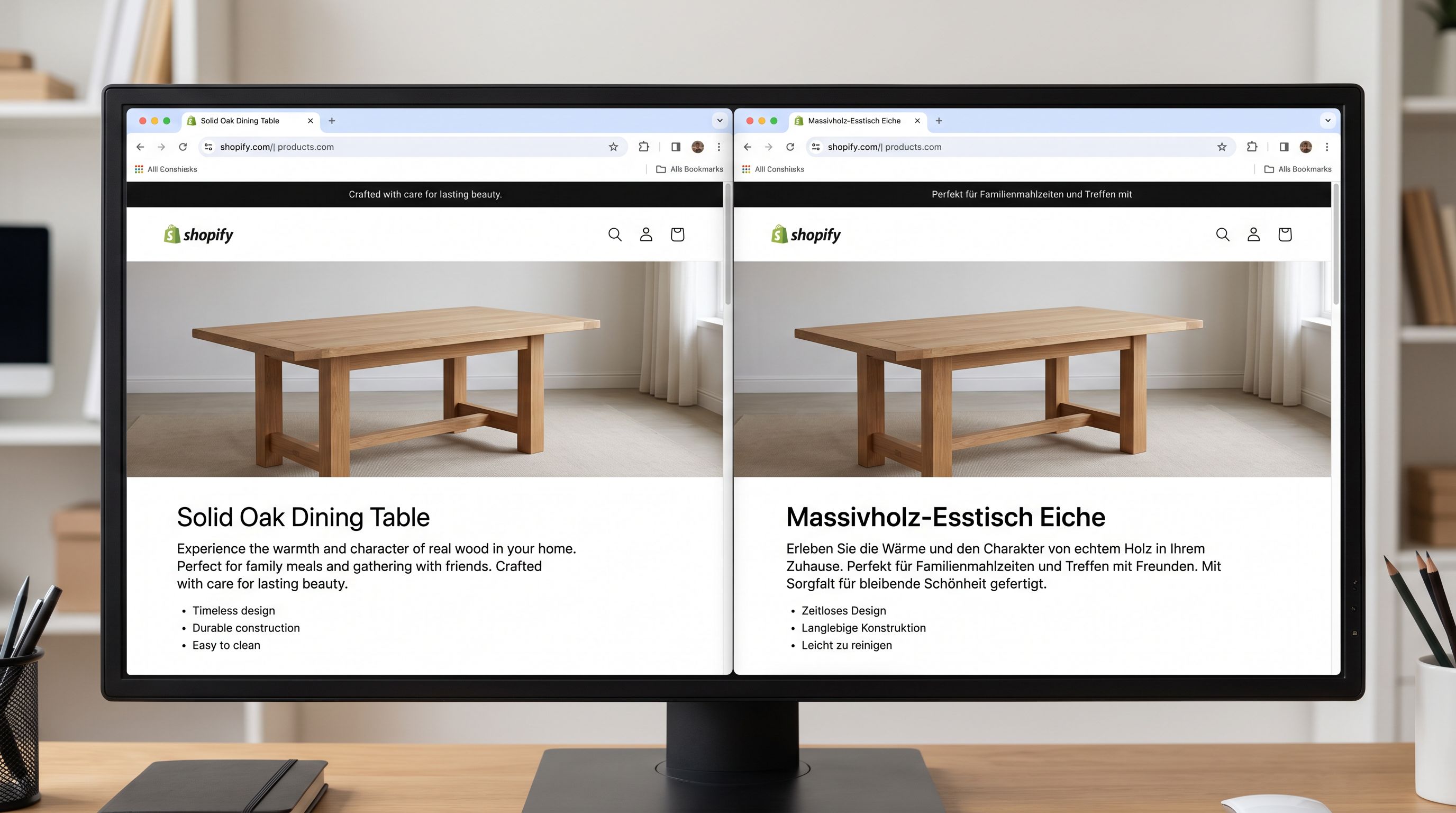 A side-by-side comparison on a monitor showing two Shopify product pages for the same oak dining table: the left page in English showing a marketing-led description opening with Beautiful solid oak dining table with traditional craftsmanship, the right page in German showing the same translated text Schöner massiver Eichentisch mit traditionellem Handwerk, neither page showing dimensions or material grade upfront, demonstrating how translation preserves structure without correcting it, everything in sharp focus no blur no depth of field, colour photography.