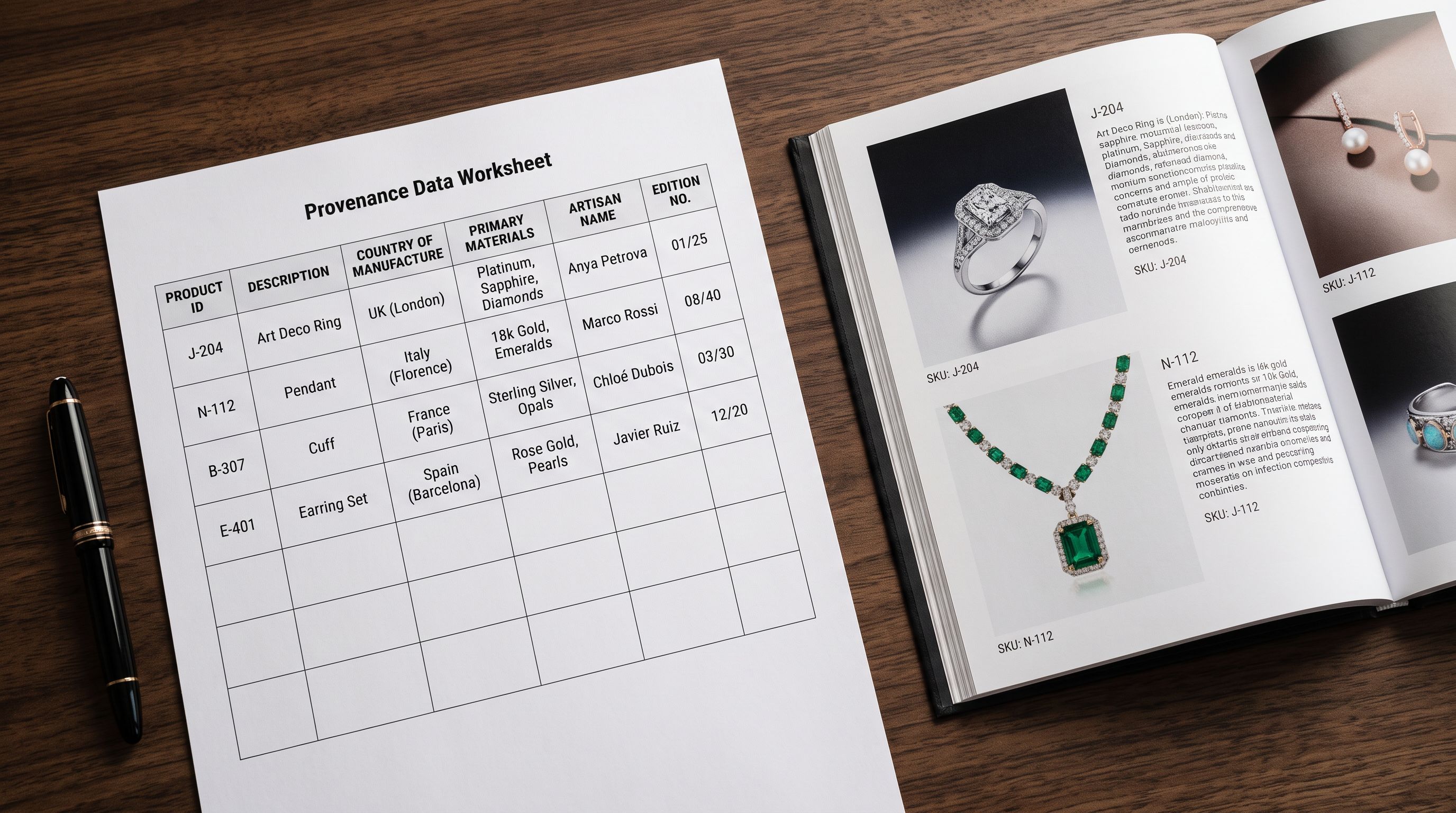 A printed provenance data worksheet spread on a desk beside a jewellery product catalogue, showing structured fields for country of manufacture, materials, artisan name, and edition number mapped against each product row.