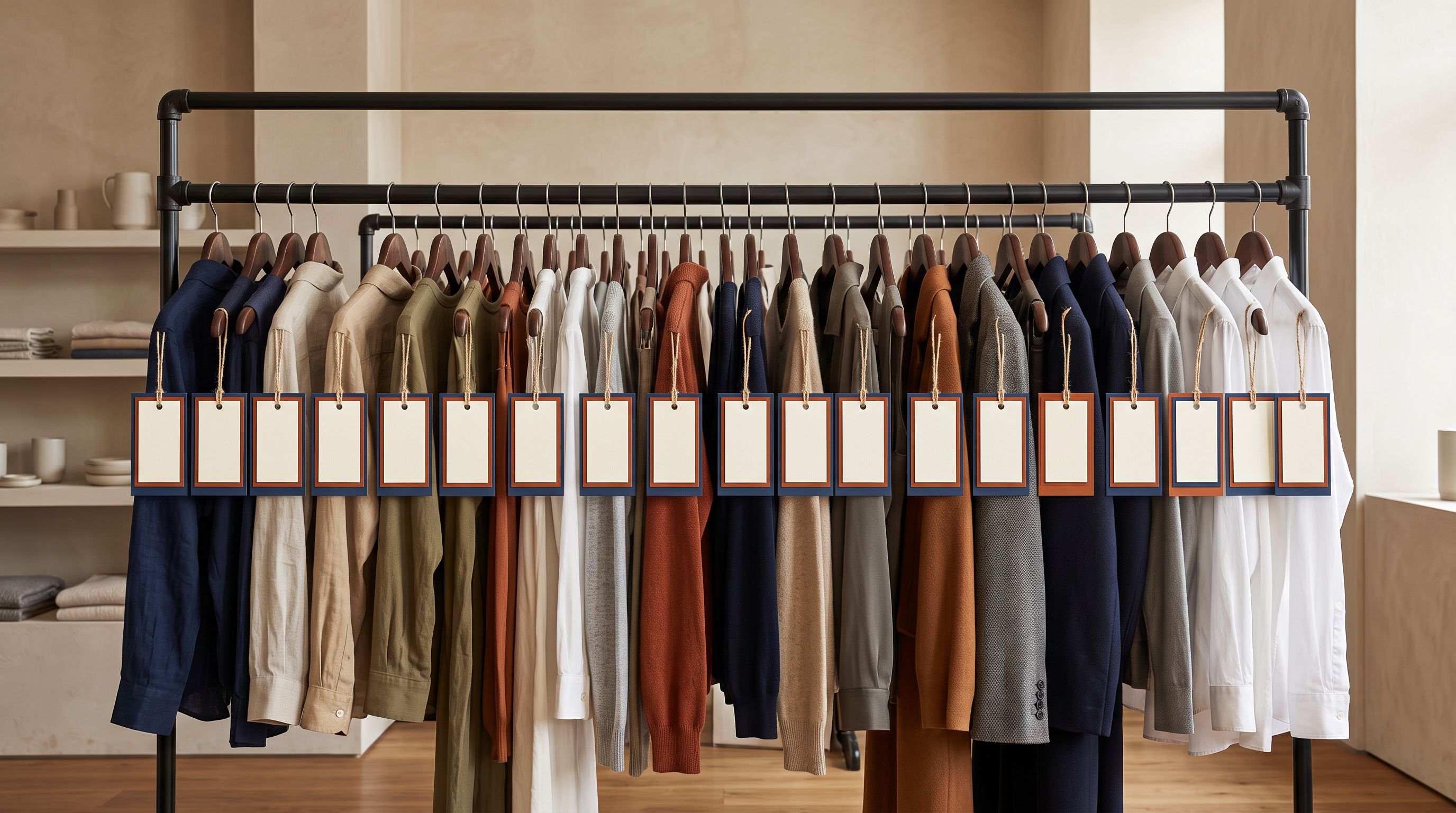 A retail clothing rack with dual-panel swing tags hanging from garments in a commercial showroom