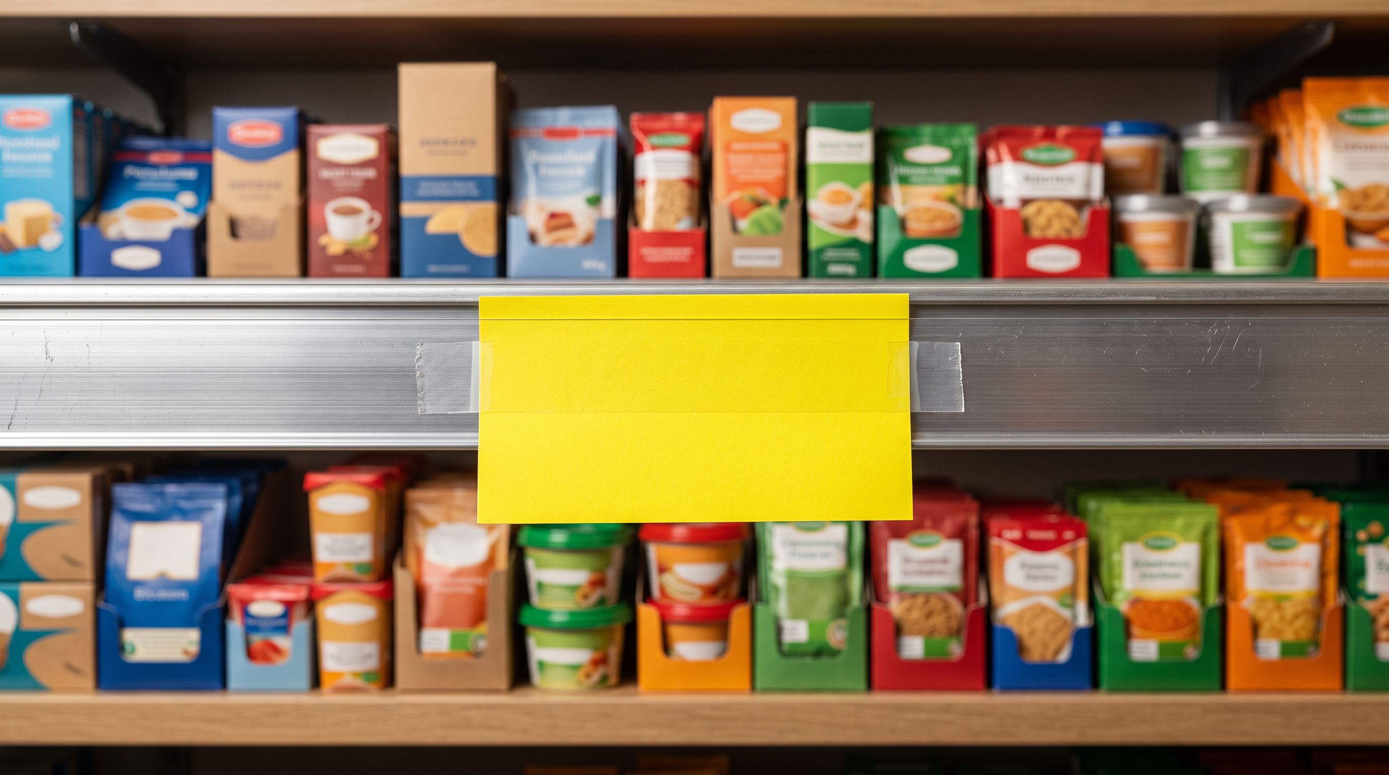 A yellow promotional price label on a retail shelf edge with consumer goods merchandise behind it