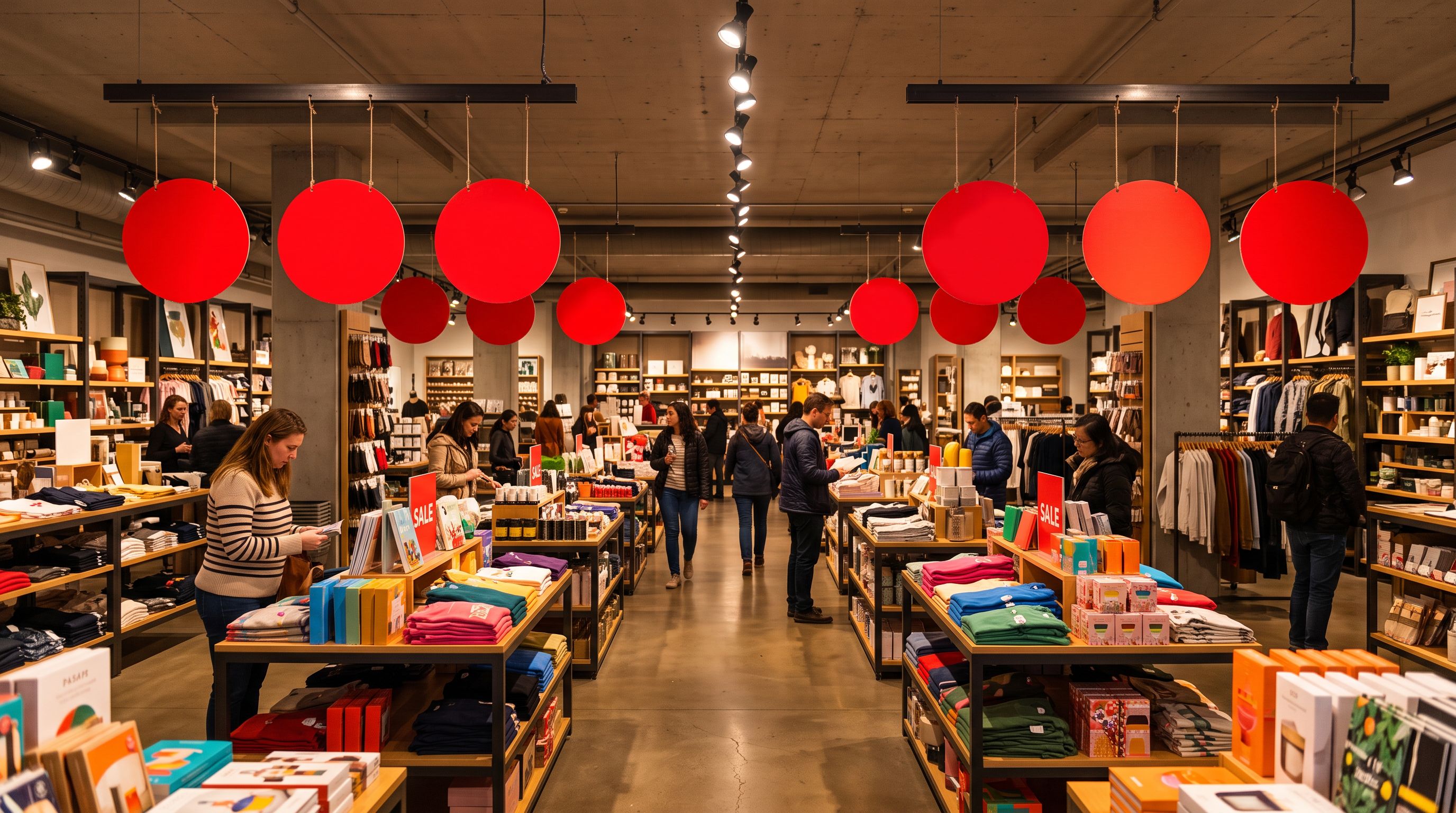 Round red sale badge signs hanging from ceiling rails above product tables in a retail store