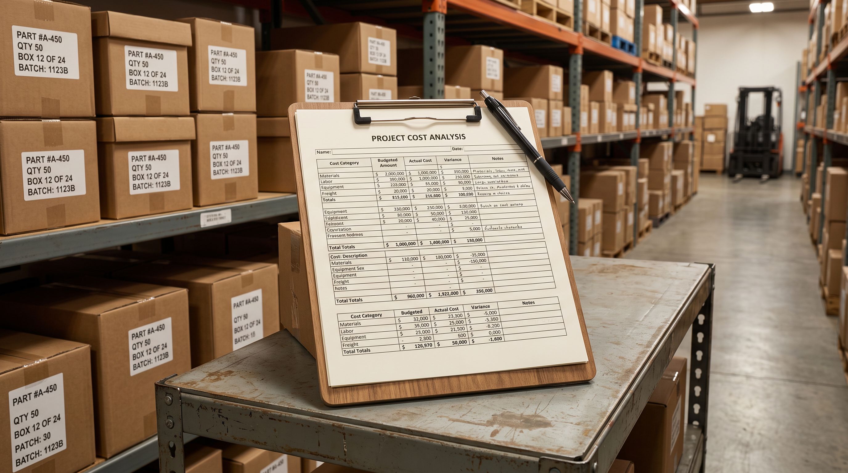 A printed cost analysis form on a clipboard with a ballpoint pen resting across one corner