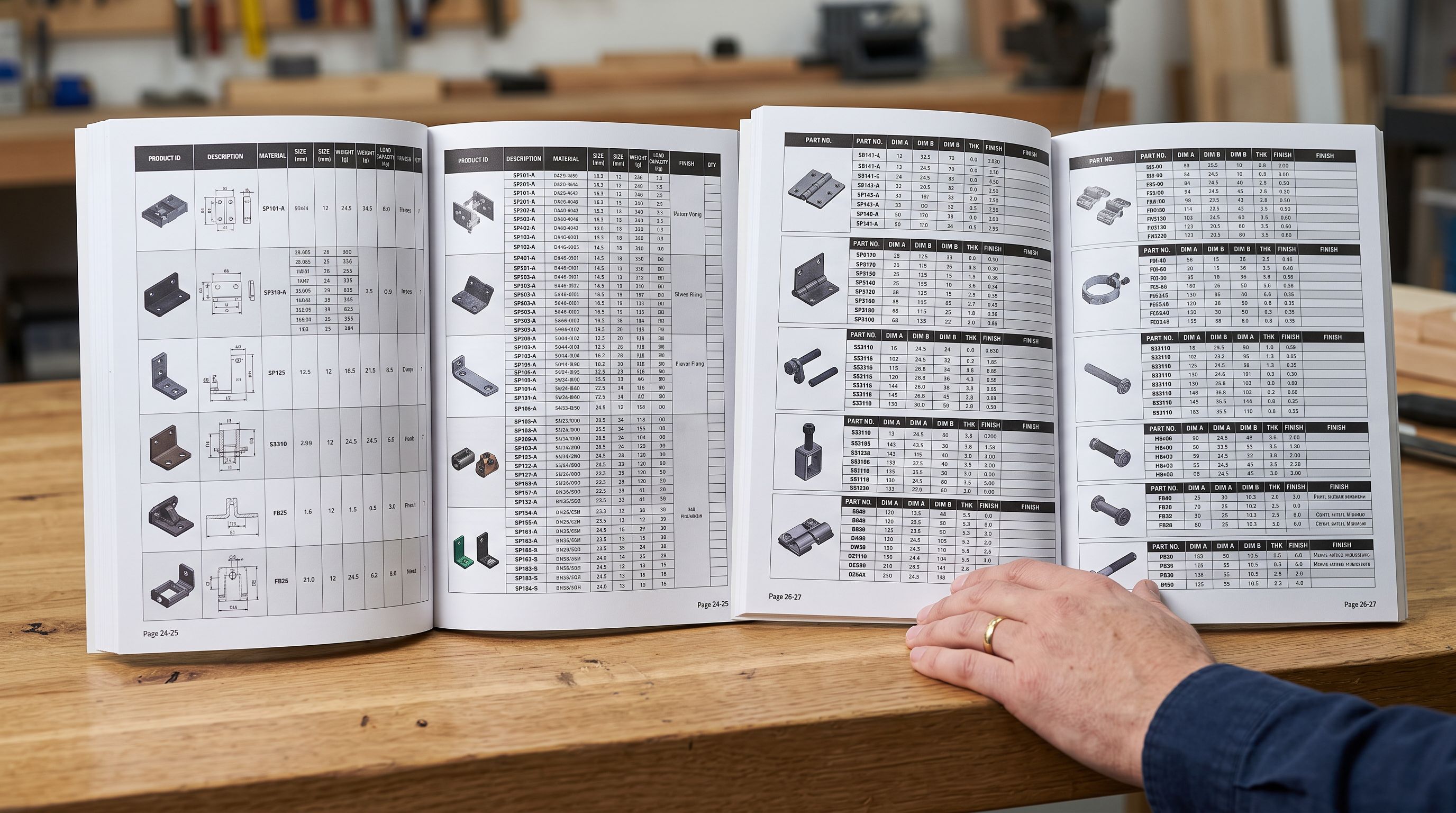 Two open product specification catalogues laid side by side on a flat table with a hand at one edge