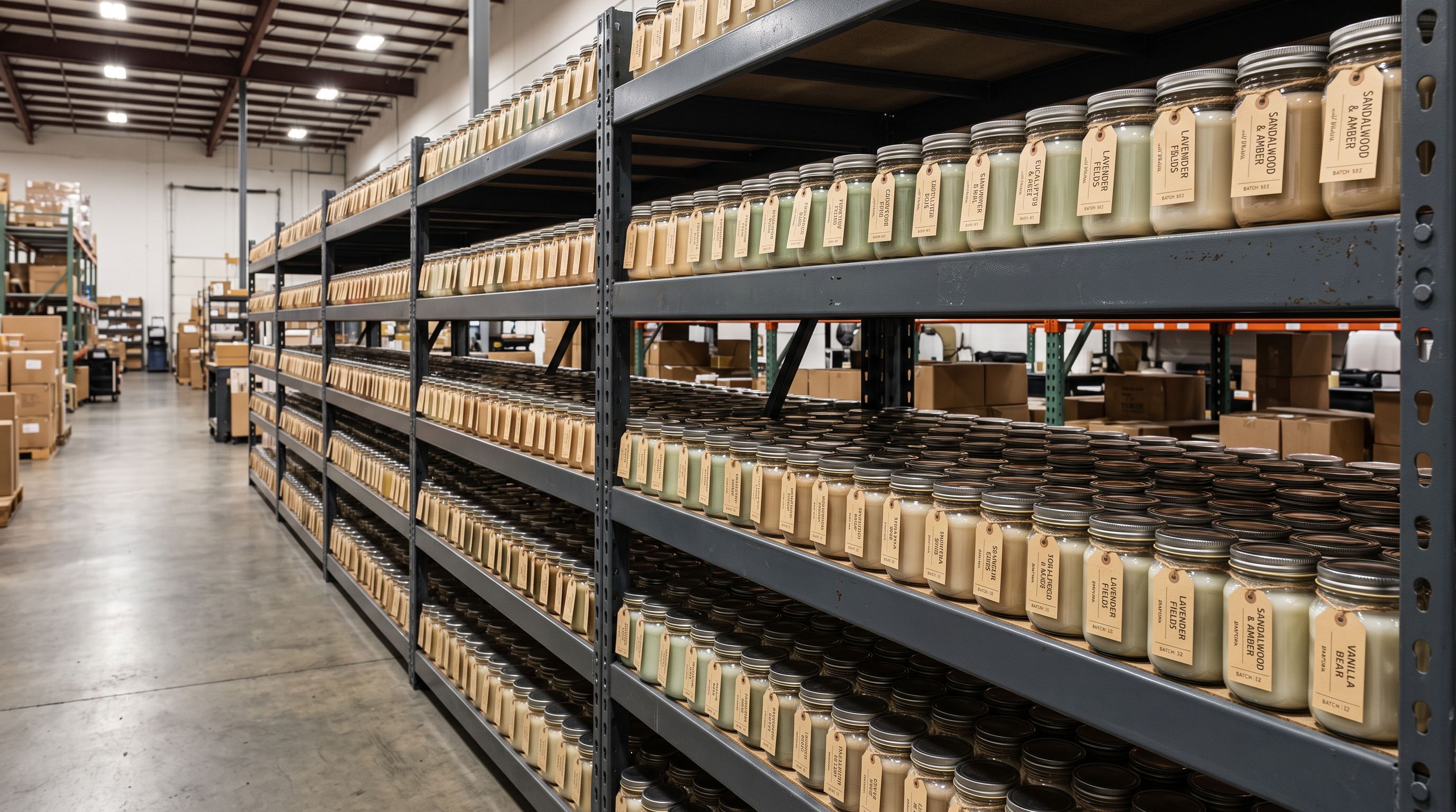 Wholesale scented candles in sealed glass jars on industrial steel shelving in a distribution warehouse
