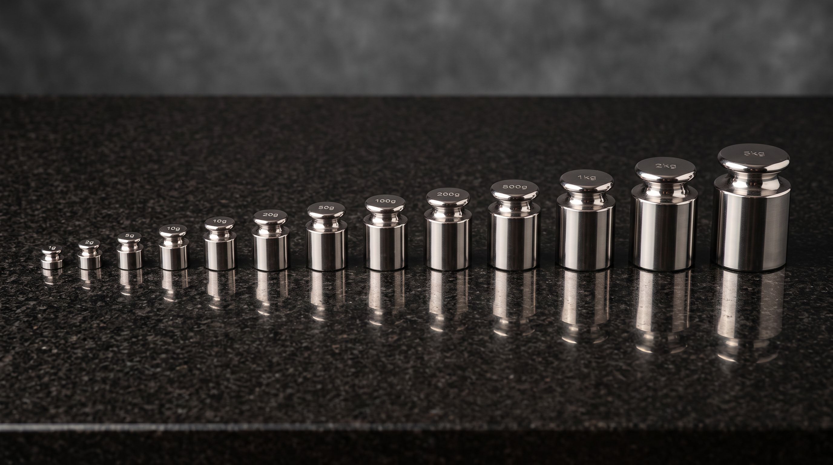 Precision calibration weights in ascending sizes arranged in a row on a dark polished surface.