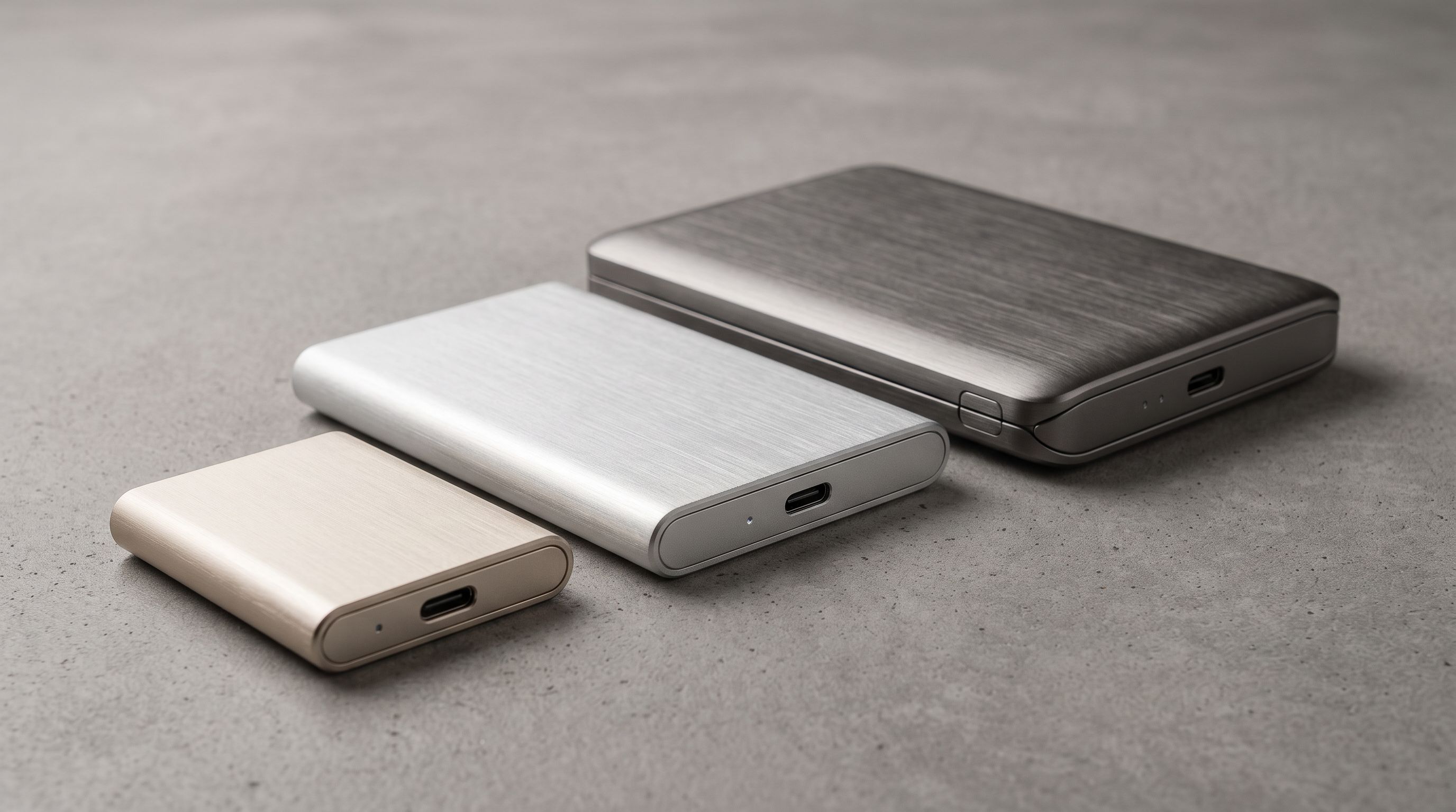 Three portable electronic storage devices of different sizes on a matte grey surface, each a distinct aluminium tone.