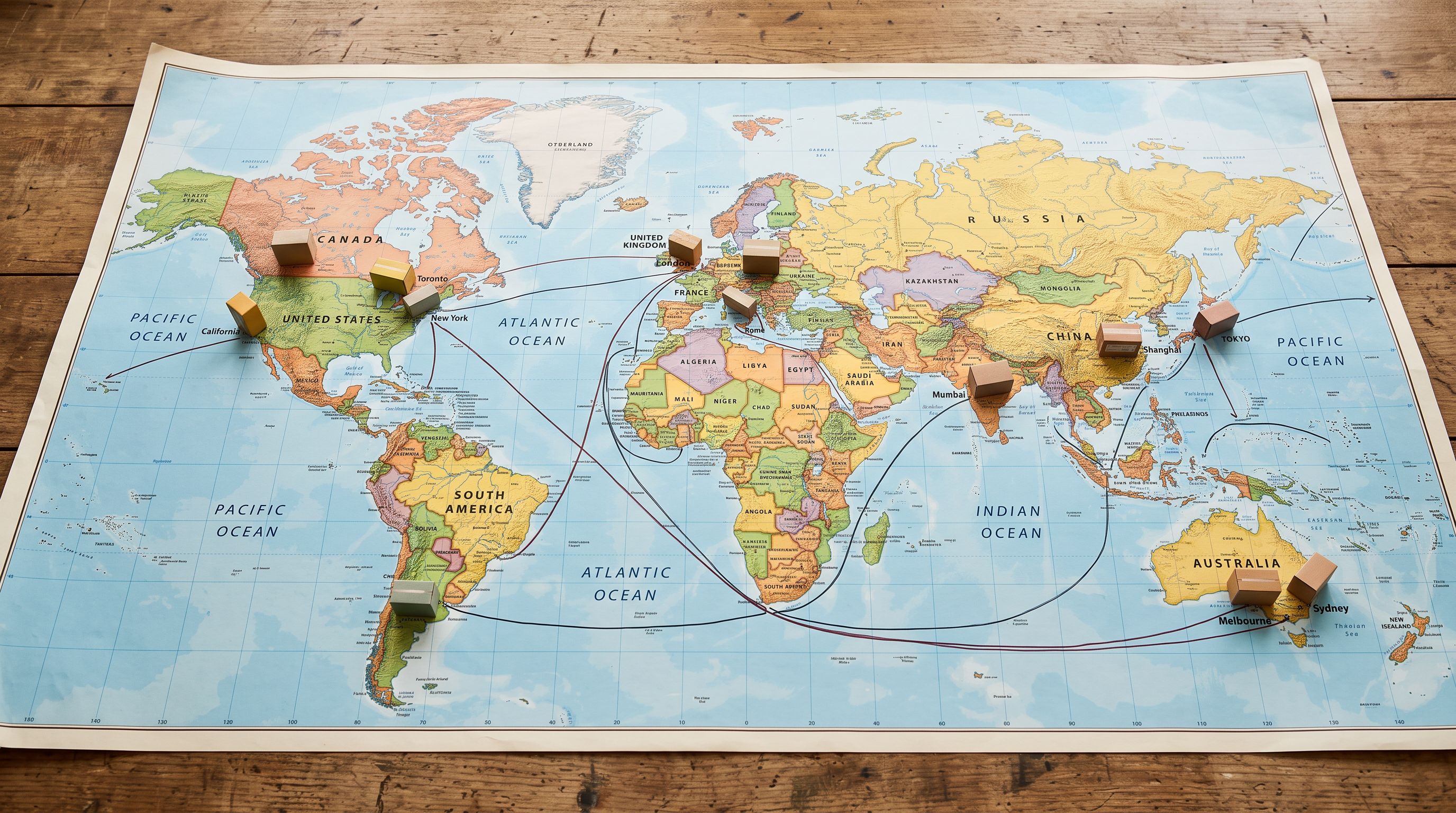 A world map with product boxes at different geographic locations connected by shipping route lines, representing international multi-region product distribution.