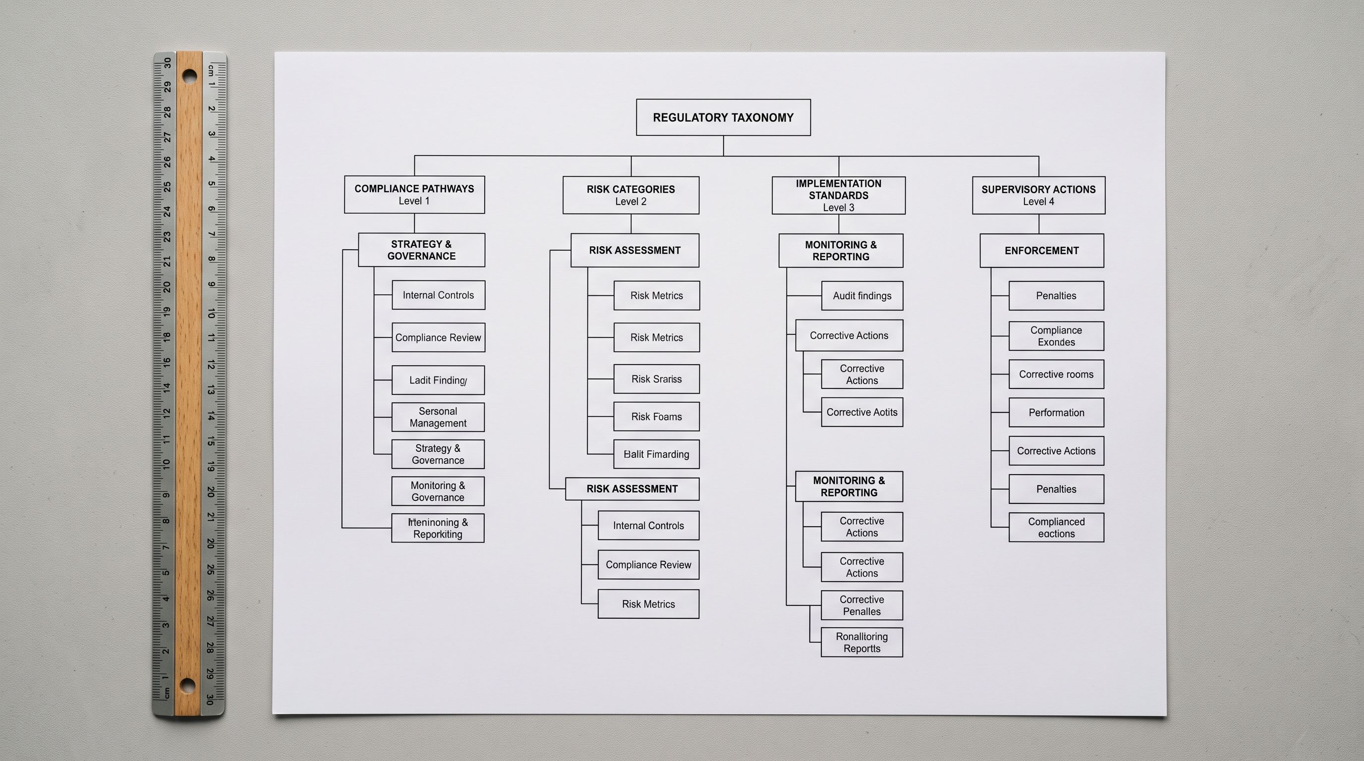 A printed regulatory taxonomy chart showing a hierarchical tree diagram with branching subcategories on a light grey desk.