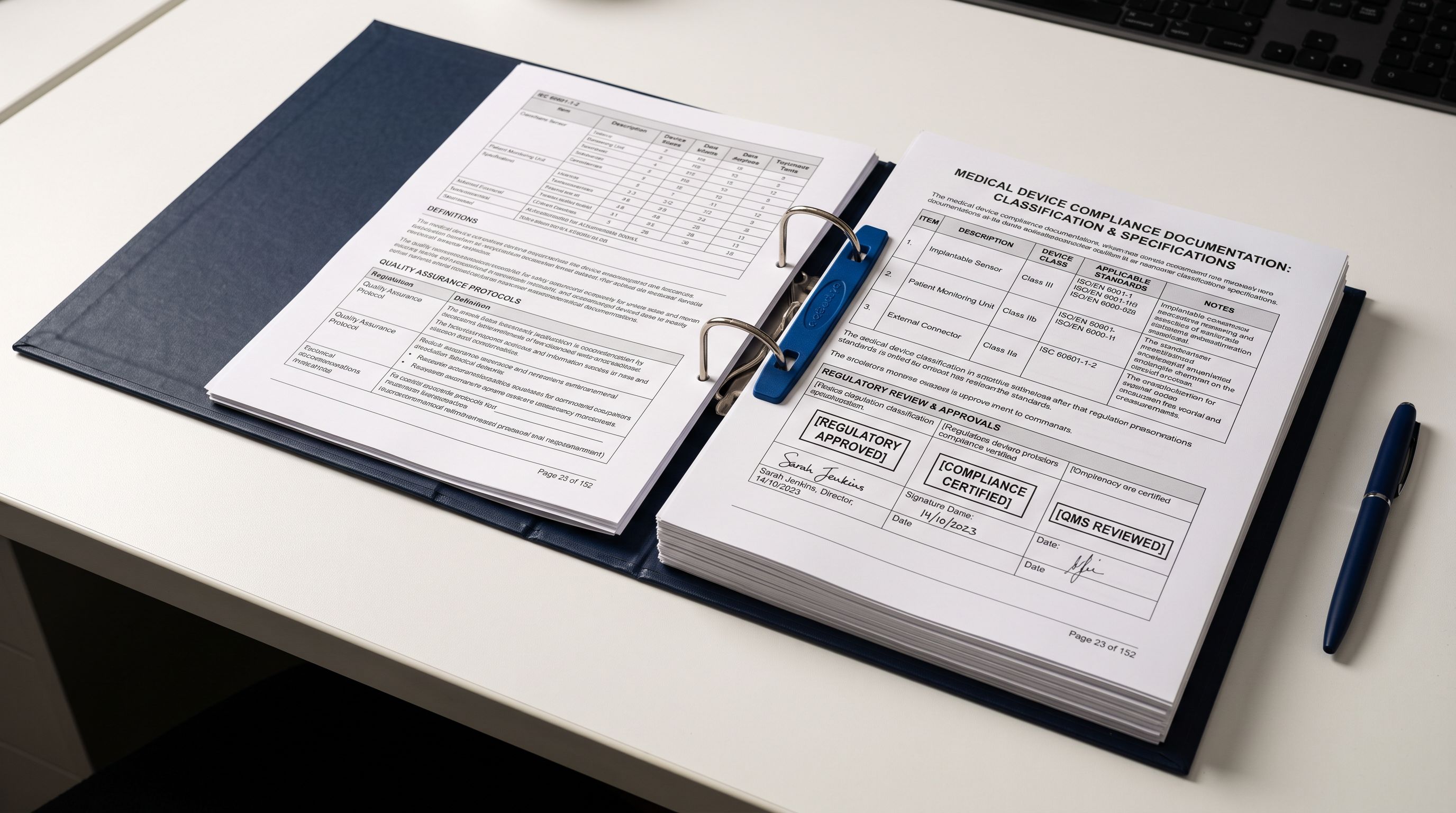 A medical device compliance documentation folder open on a white desk showing specification pages with classification tables.