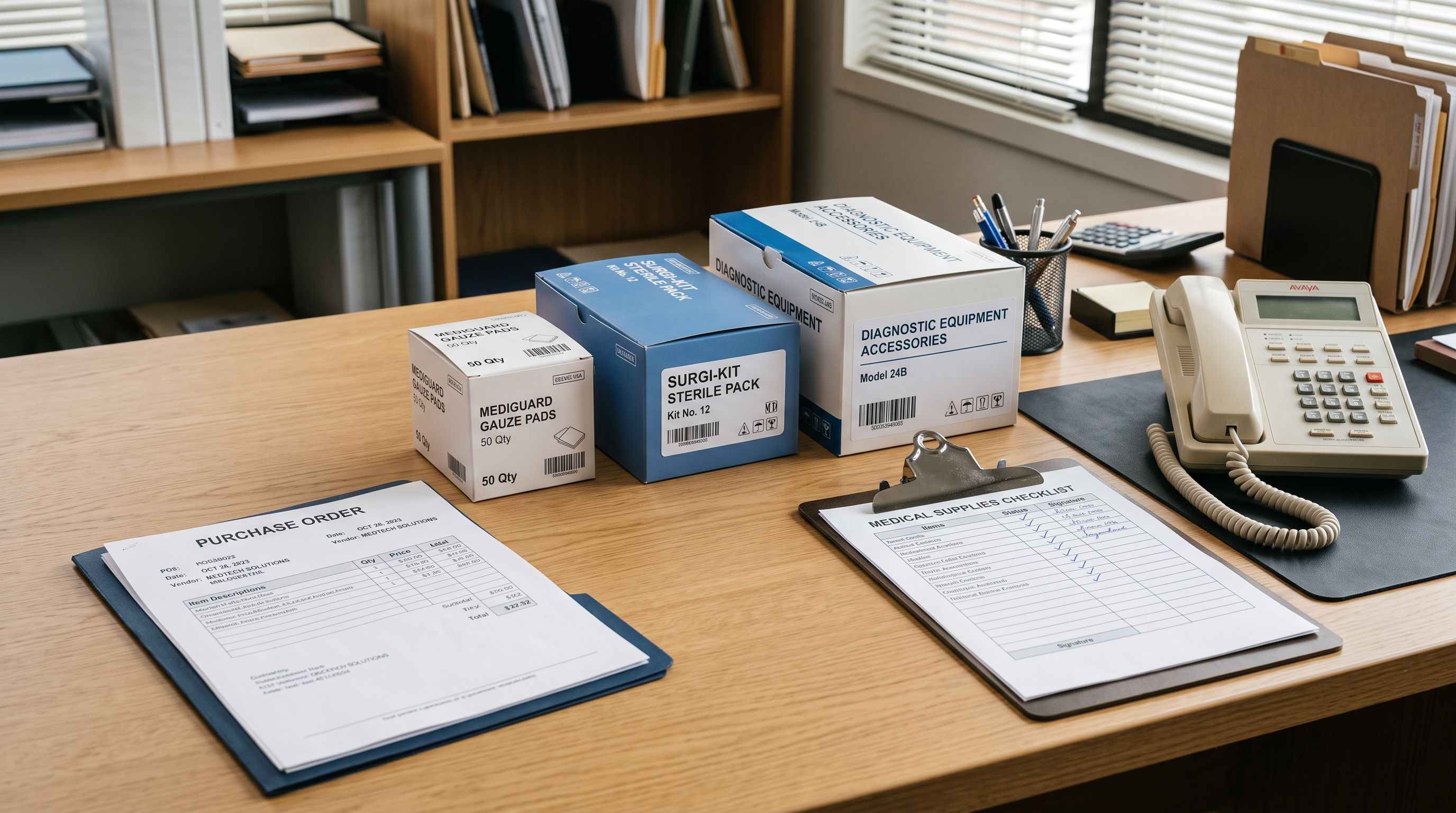 A hospital procurement office desk with a printed purchase order form and three sample medical device product boxes beside a clipboard checklist.
