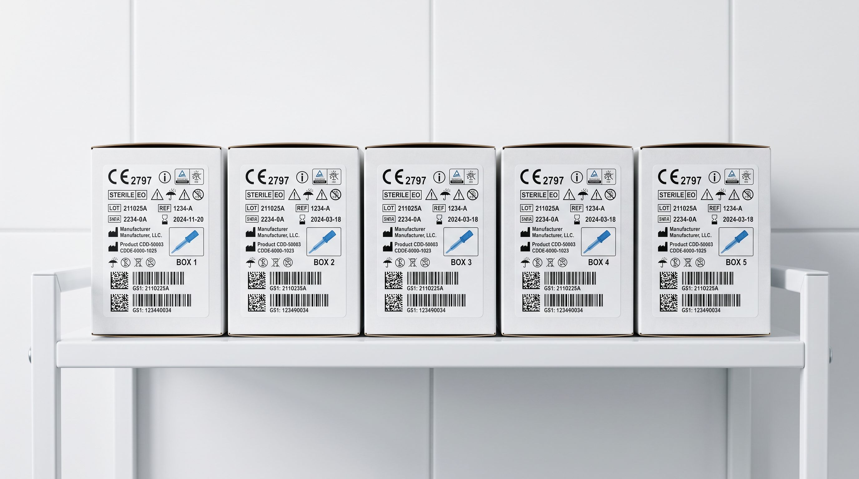 A row of sterile medical device packaging boxes on a white shelf with regulatory compliance labels and CE marking symbols visible on each box.