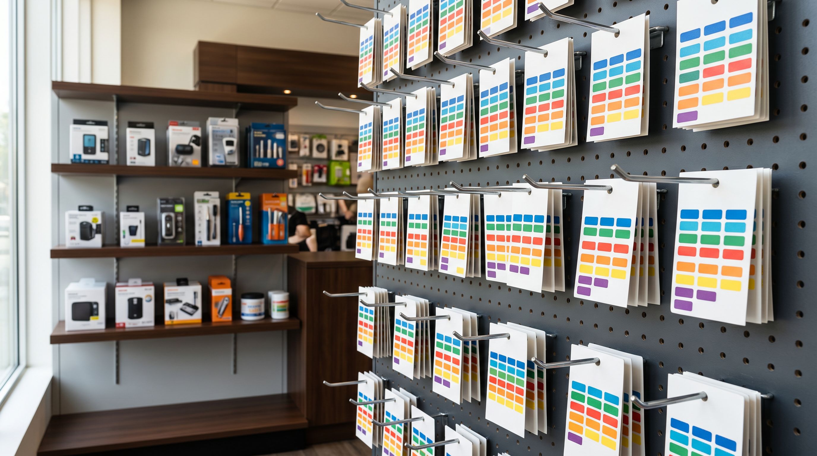 Retail compatibility label cards on a pegboard display showing multiple attribute tags for product categorisation.