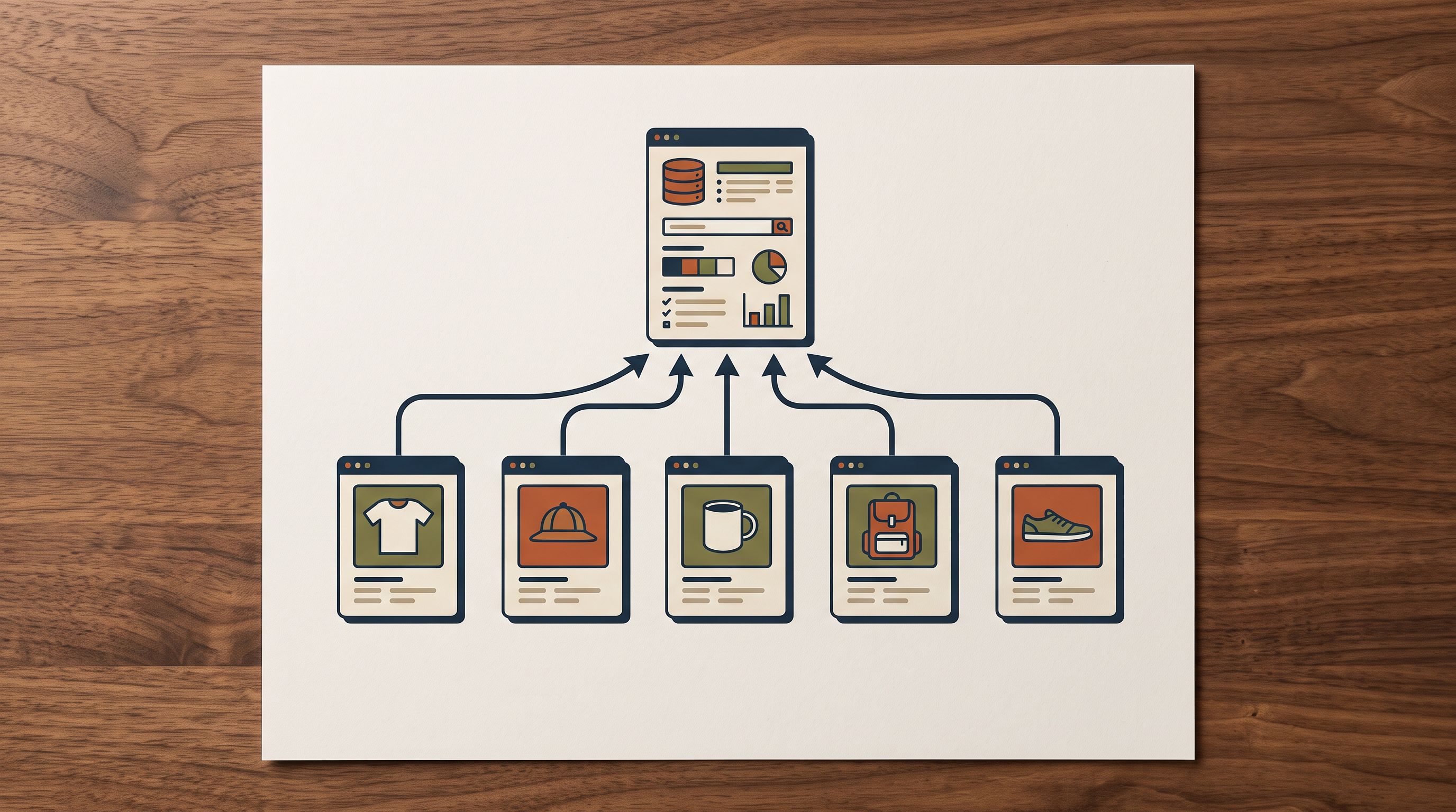 A printed reference diagram on a clean wooden desk showing multiple product cards connected by arrows to a single shared data card, representing how Shopify Metaobjects allow multiple products to reference the same structured content object.