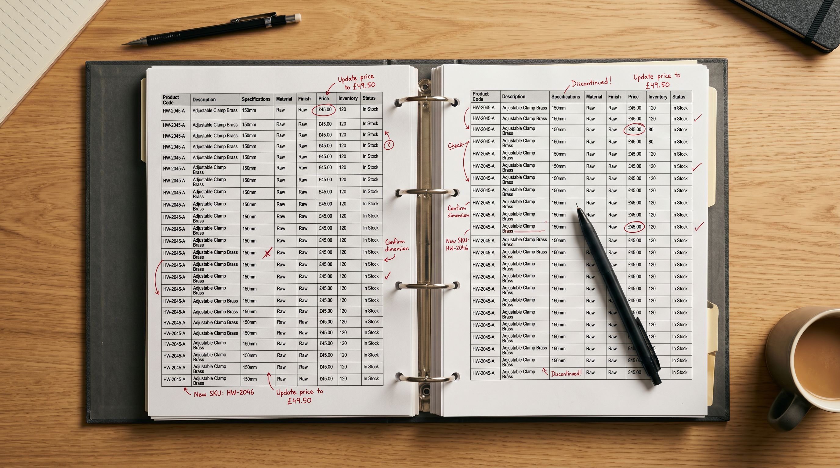 Open product catalogue on a clean desk showing pages with structured data fields and handwritten correction marks.