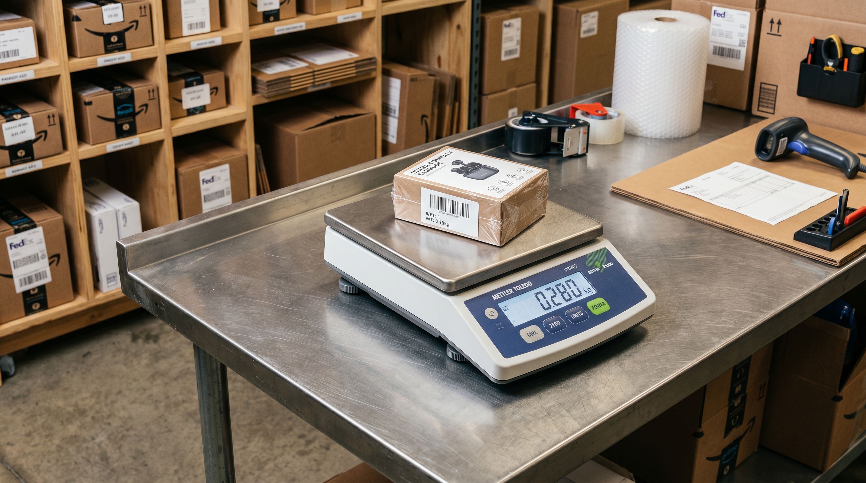 Close-up of a digital parcel scale with a small packaged product sitting on the weighing platform.