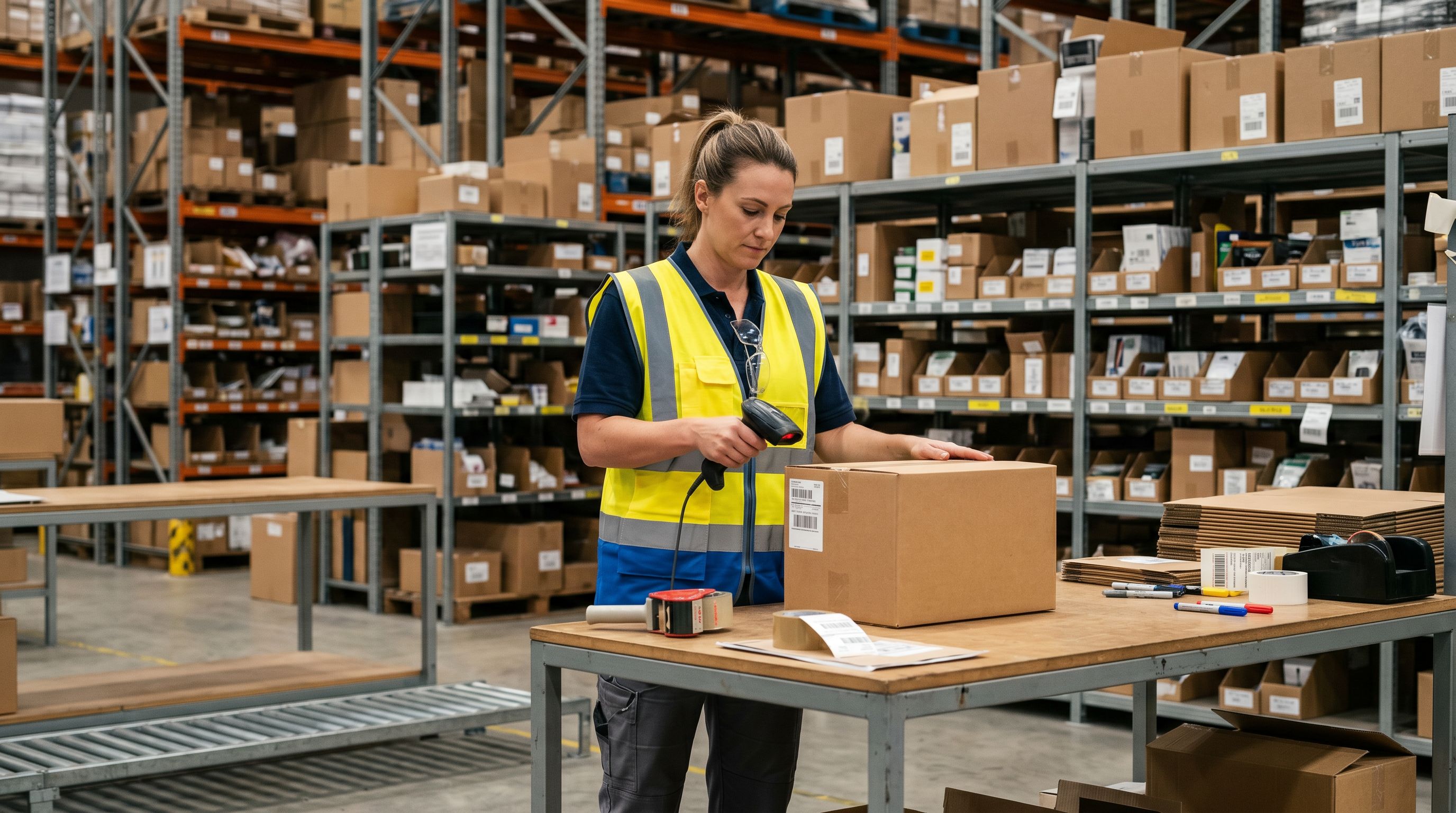 Courier in a warehouse scanning a package barcode at a fulfilment desk.