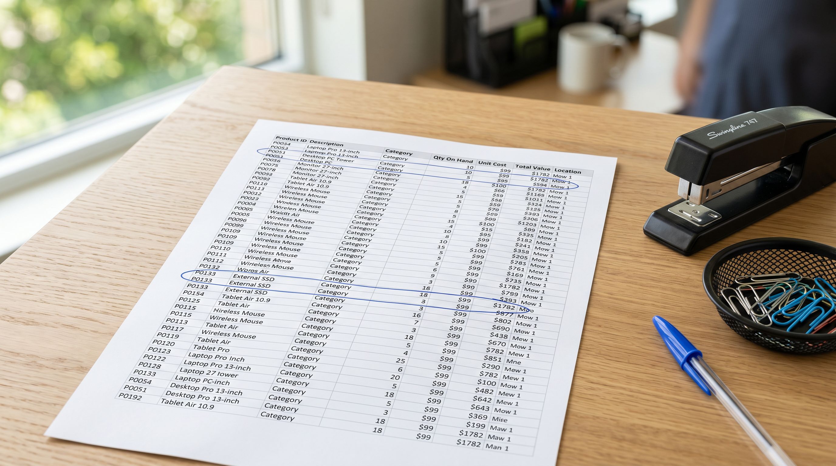 Product data audit spreadsheet printed on paper with rows of product records highlighted and annotated with a pen.