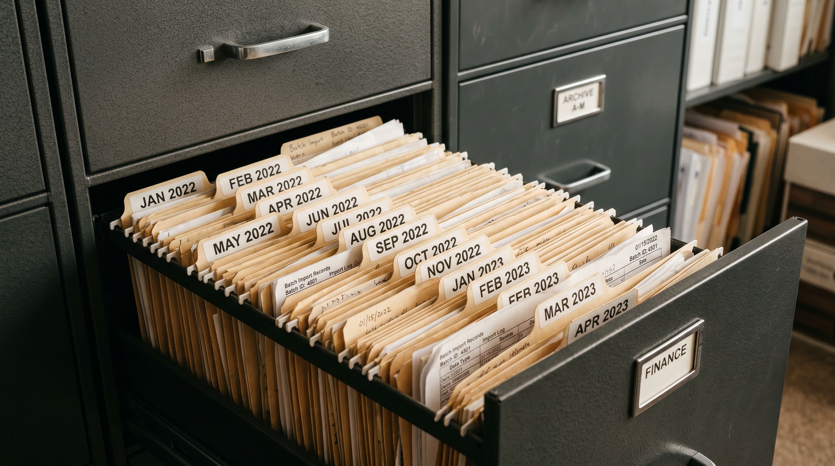 Open filing cabinet drawer showing product import records organised in labelled folders by date and batch.