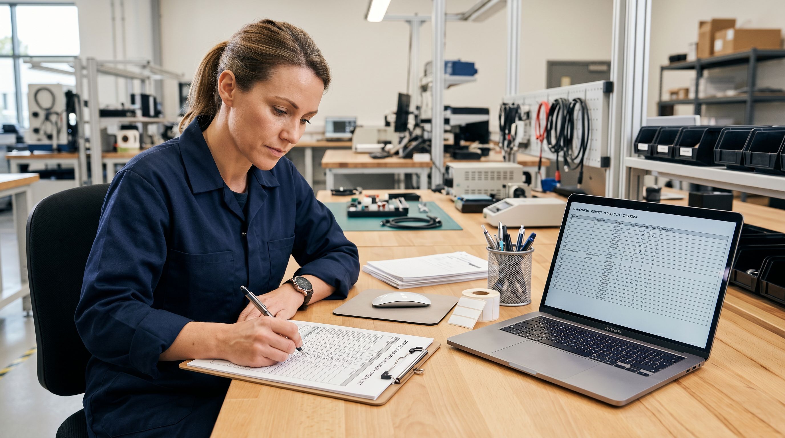Technician reviewing a structured product data quality checklist beside a laptop on a clean workbench.