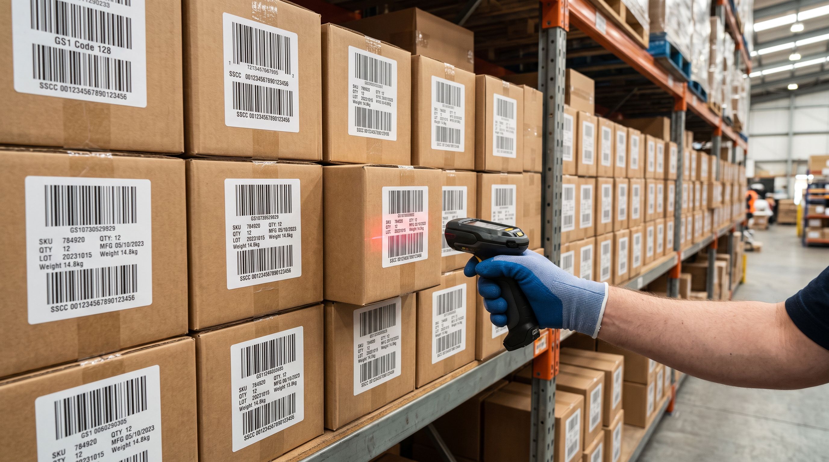 Retail product cartons with barcode labels on warehouse shelving, a hand scanning one label.