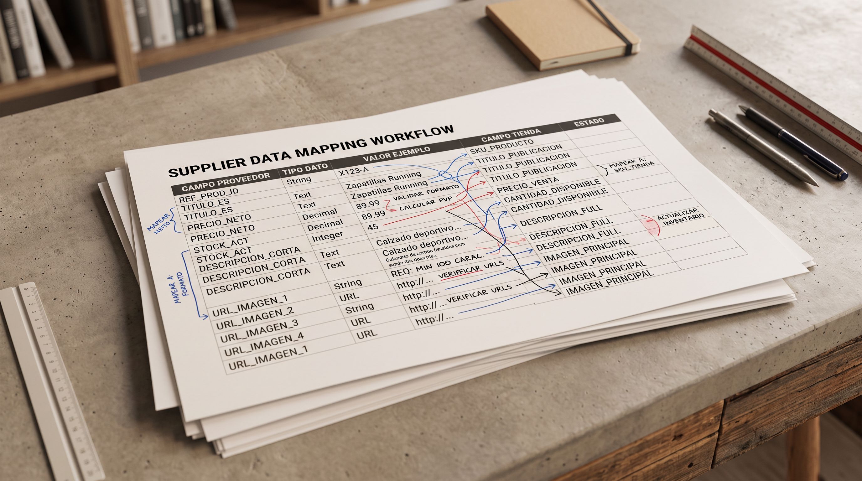 Stack of printed product specification sheets showing category and type fields with annotation marks indicating correct field mapping between supplier formats