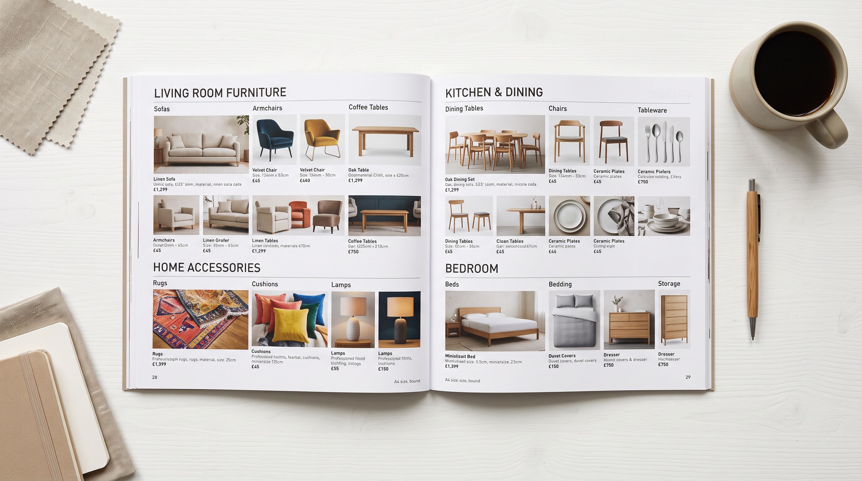 Overhead view of printed product catalogue pages spread across a white desk showing product listings organised into clearly labelled category sections