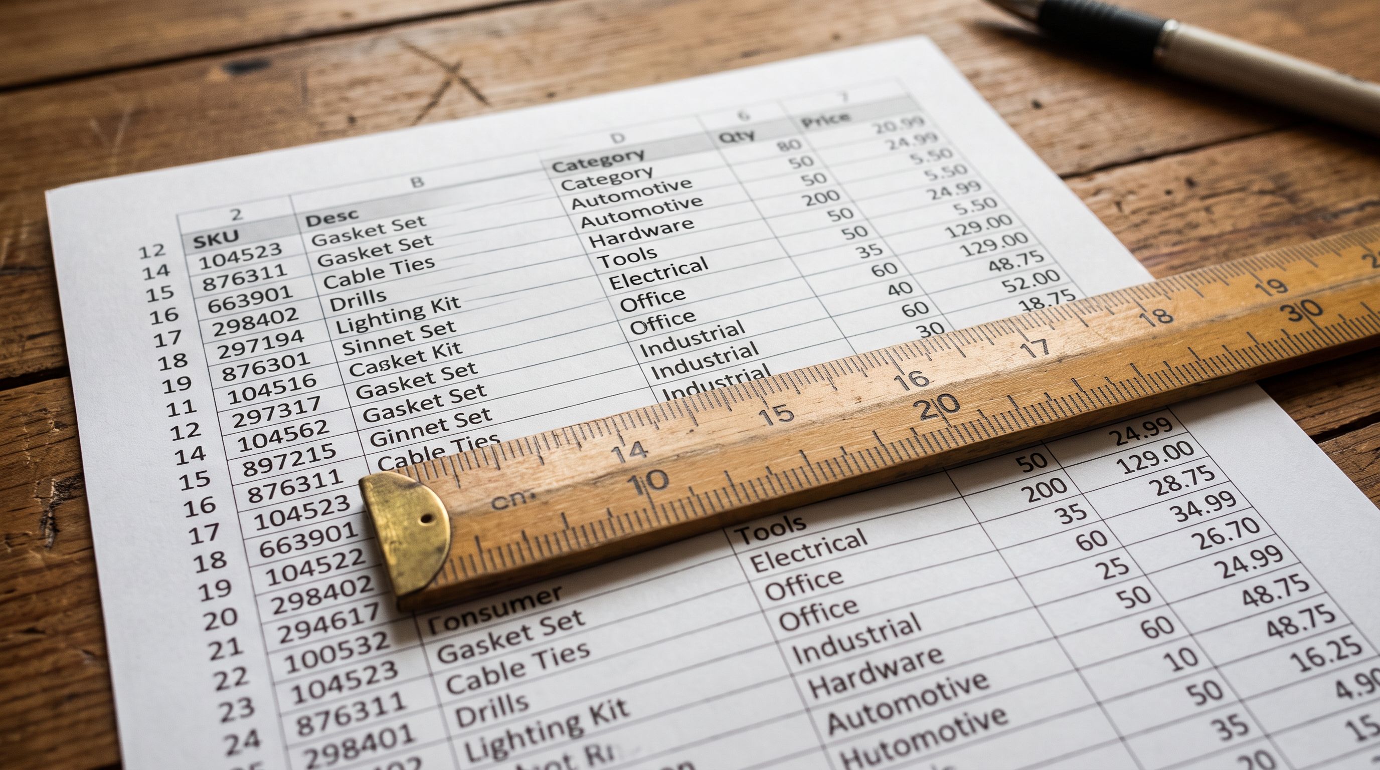 Close-up of printed product data rows in a spreadsheet with a ruler indicating which column contains product category classification information