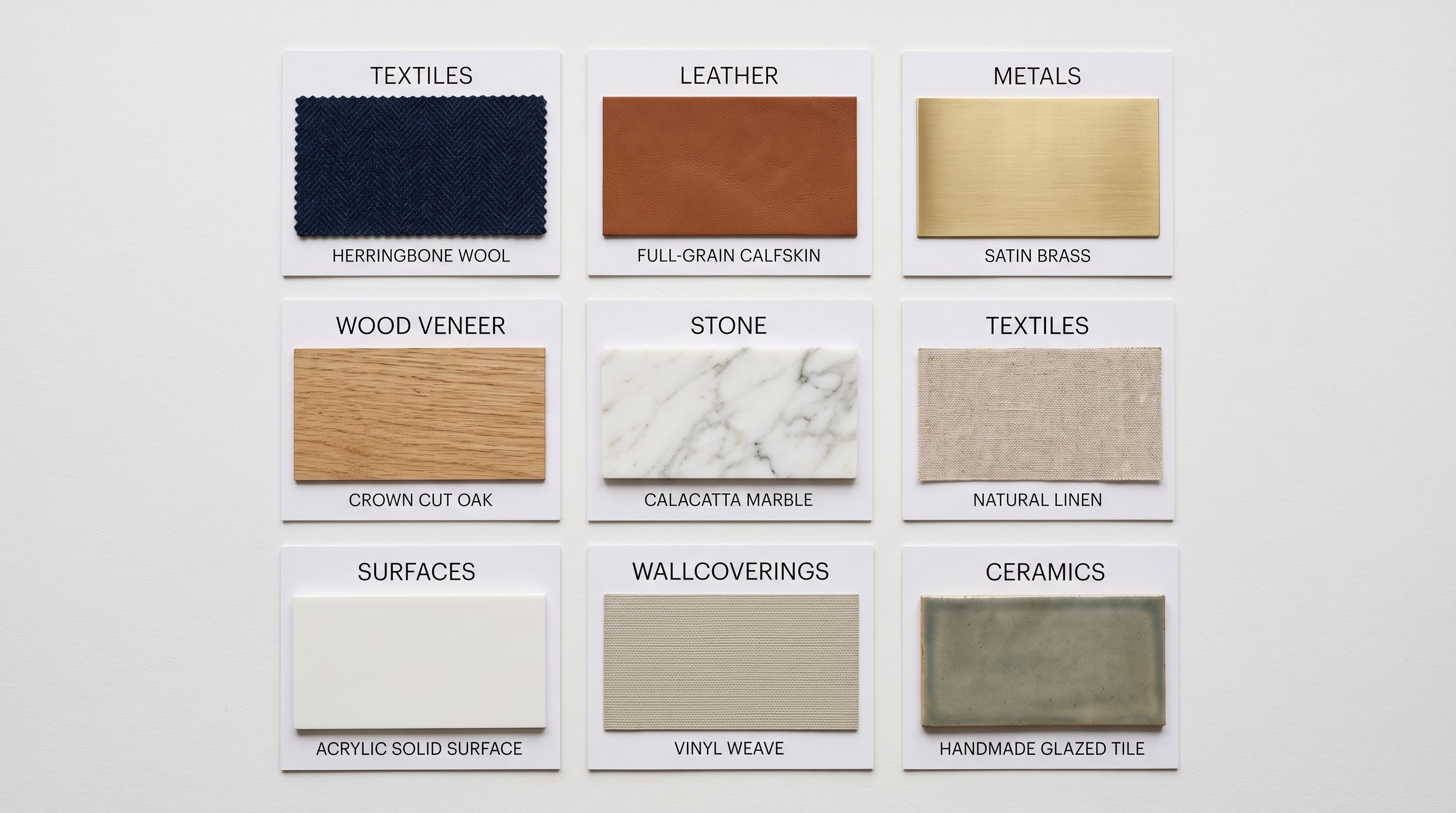 Multiple labelled product sample cards arranged in an organised grid on a white surface each showing a category name and product type identifier