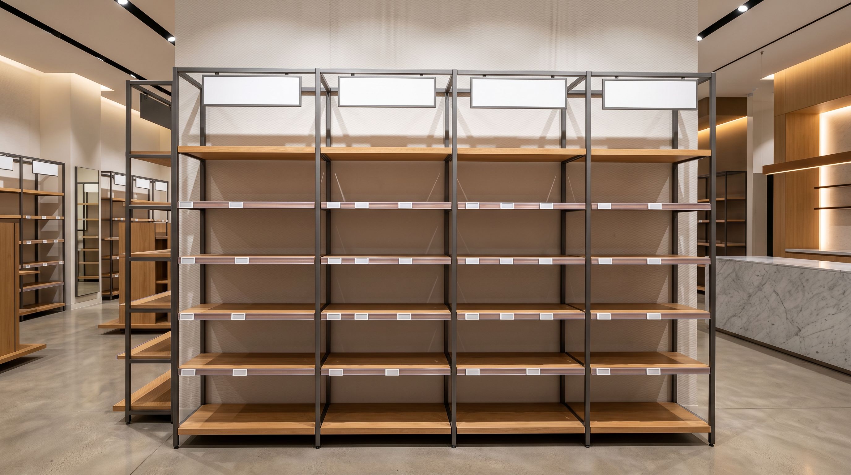Row of empty product display shelves in a retail store with missing label holders representing uncategorised Shopify products after a failed import