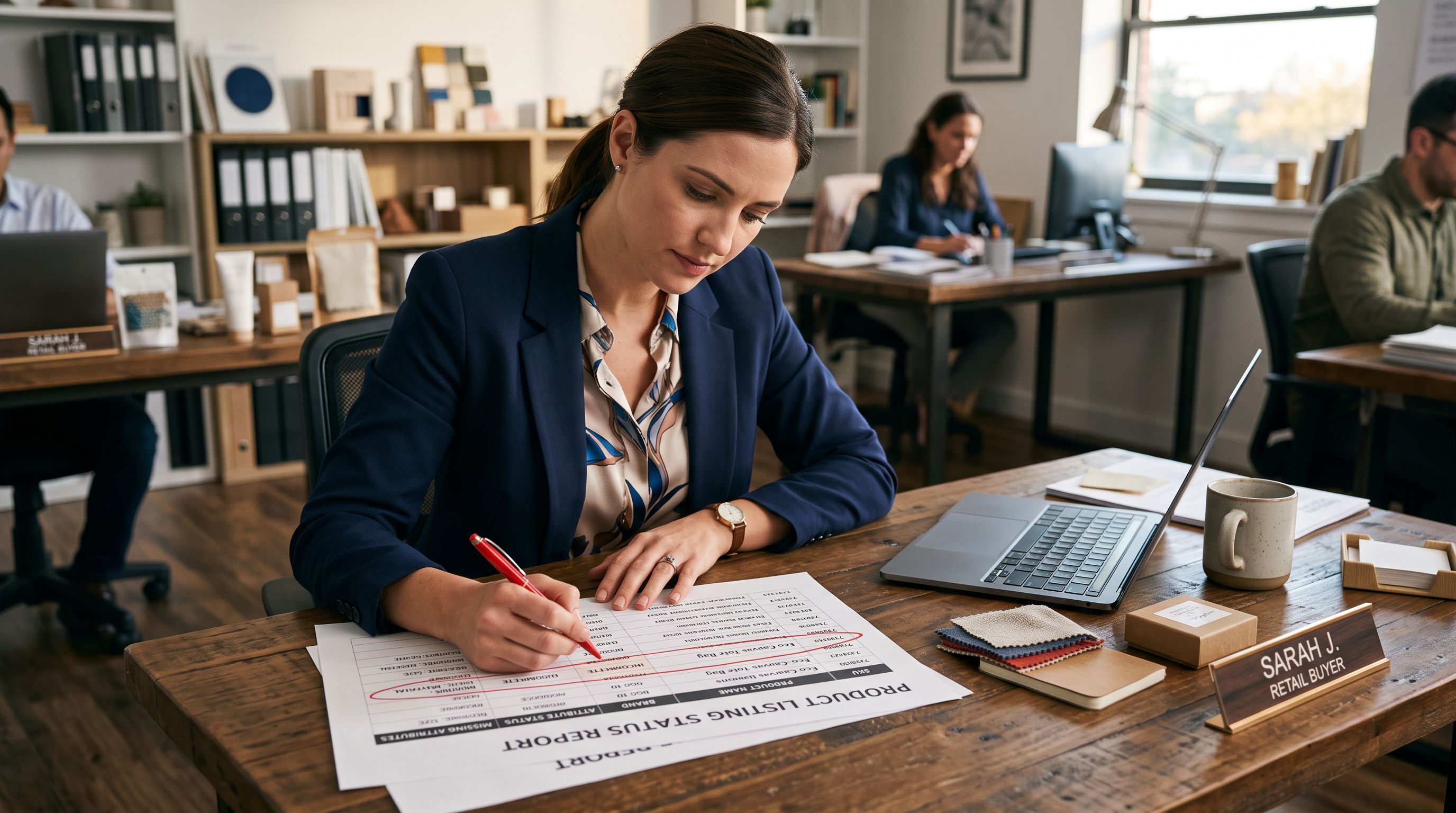 Retail buyer at a desk reviewing a printed product report and circling a flagged identifier row.