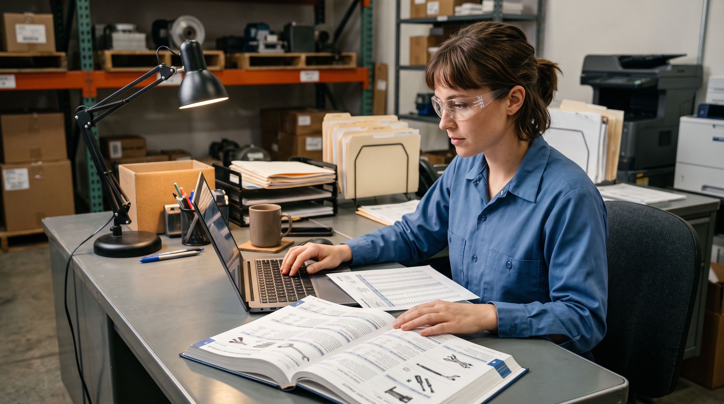 Warehouse operations worker at a workstation entering product specifications from a printed manufacturer catalogue.