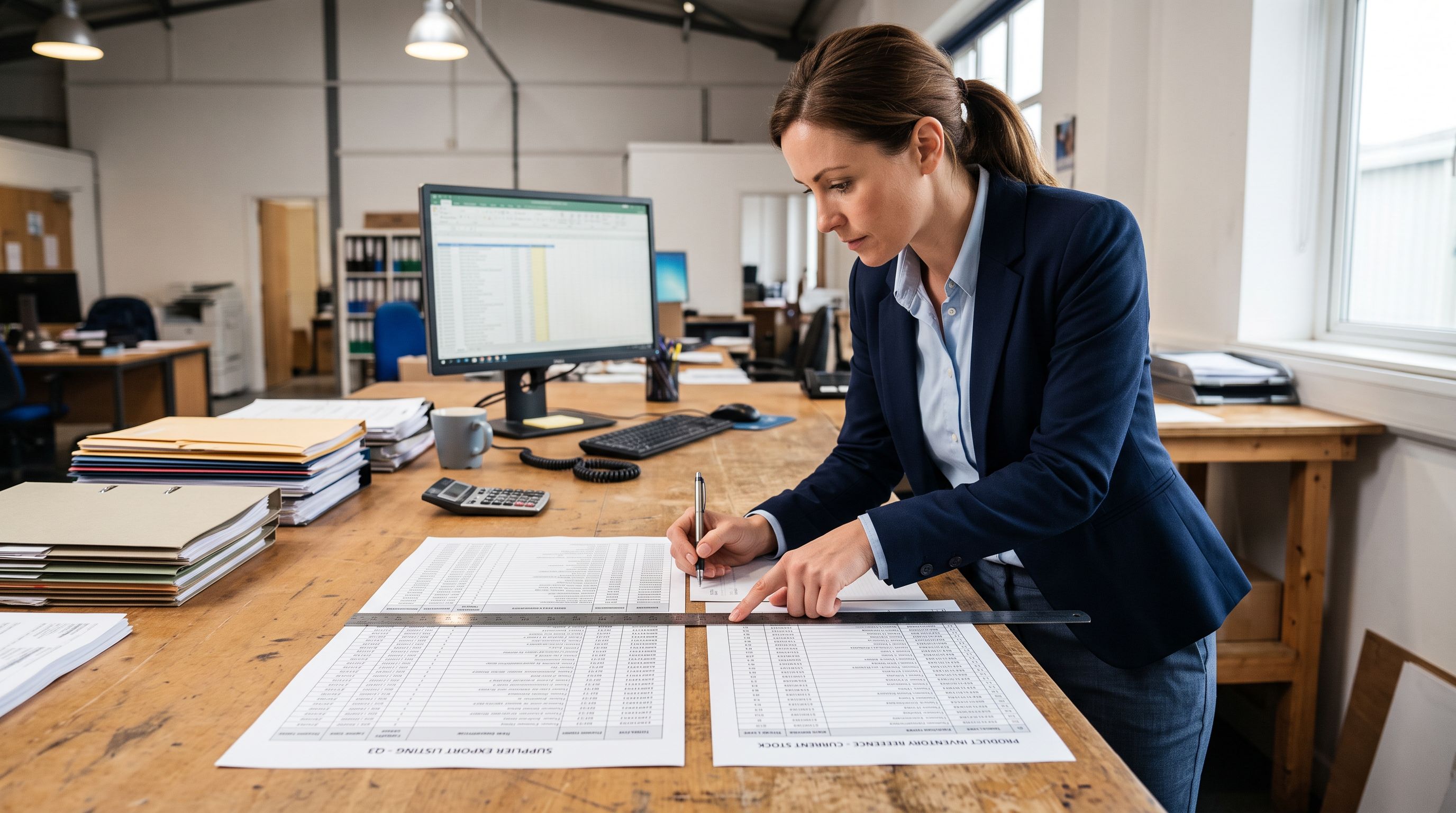 Purchasing officer at a workbench cross-referencing a supplier export spreadsheet with a product inventory printout.