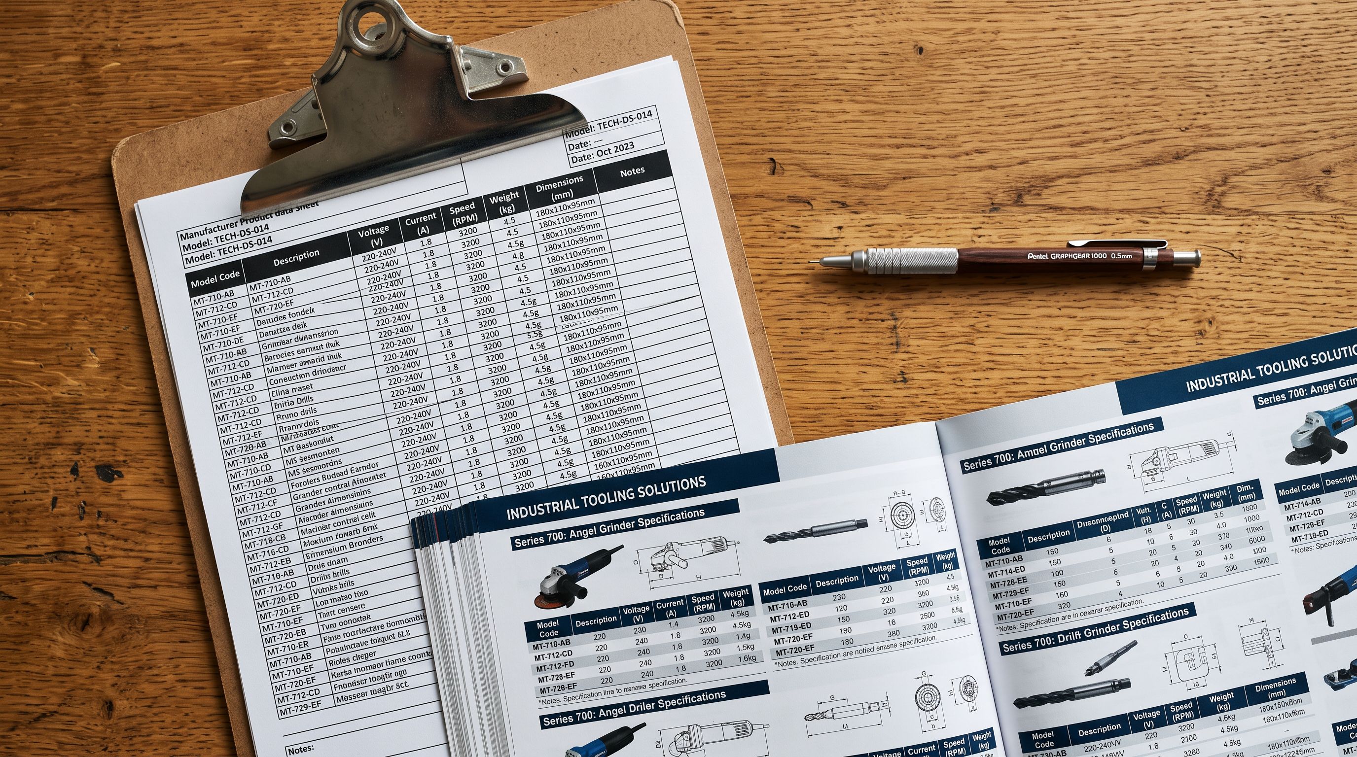 Manufacturer product data sheet on a clipboard with model codes beside an open product catalogue.