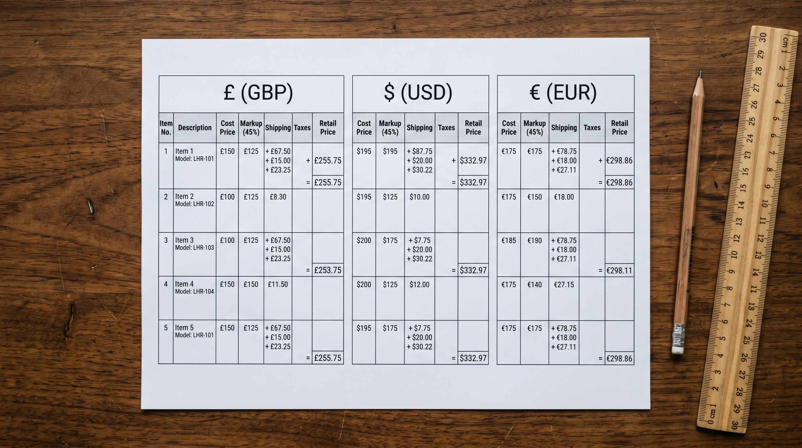 Printed international pricing worksheet on a desk showing three columns of product costs in different currencies with calculated retail prices beside each column, representing multi-market pricing preparation.