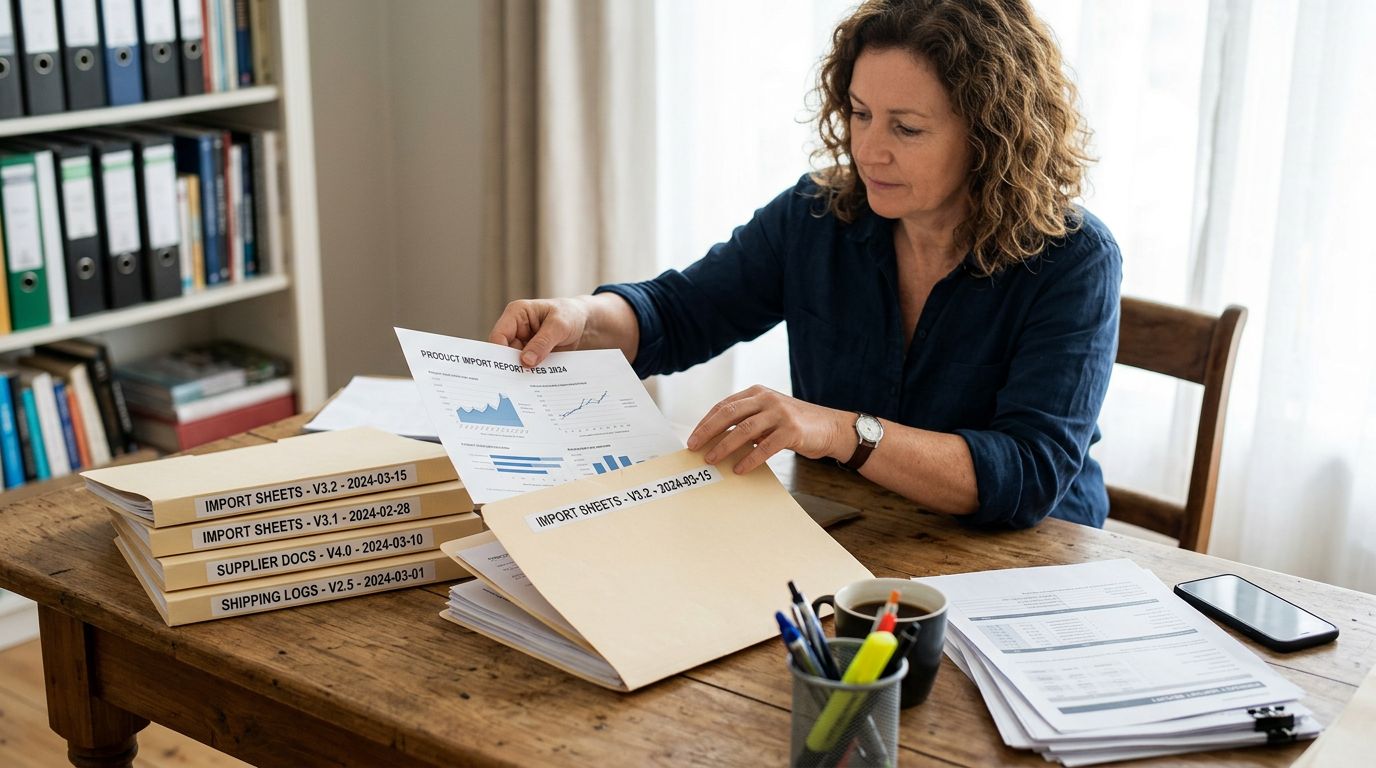 A person at a desk organising printed product sheets into labelled folders, each folder marked with a version number and date, sharp focus, colour photography.