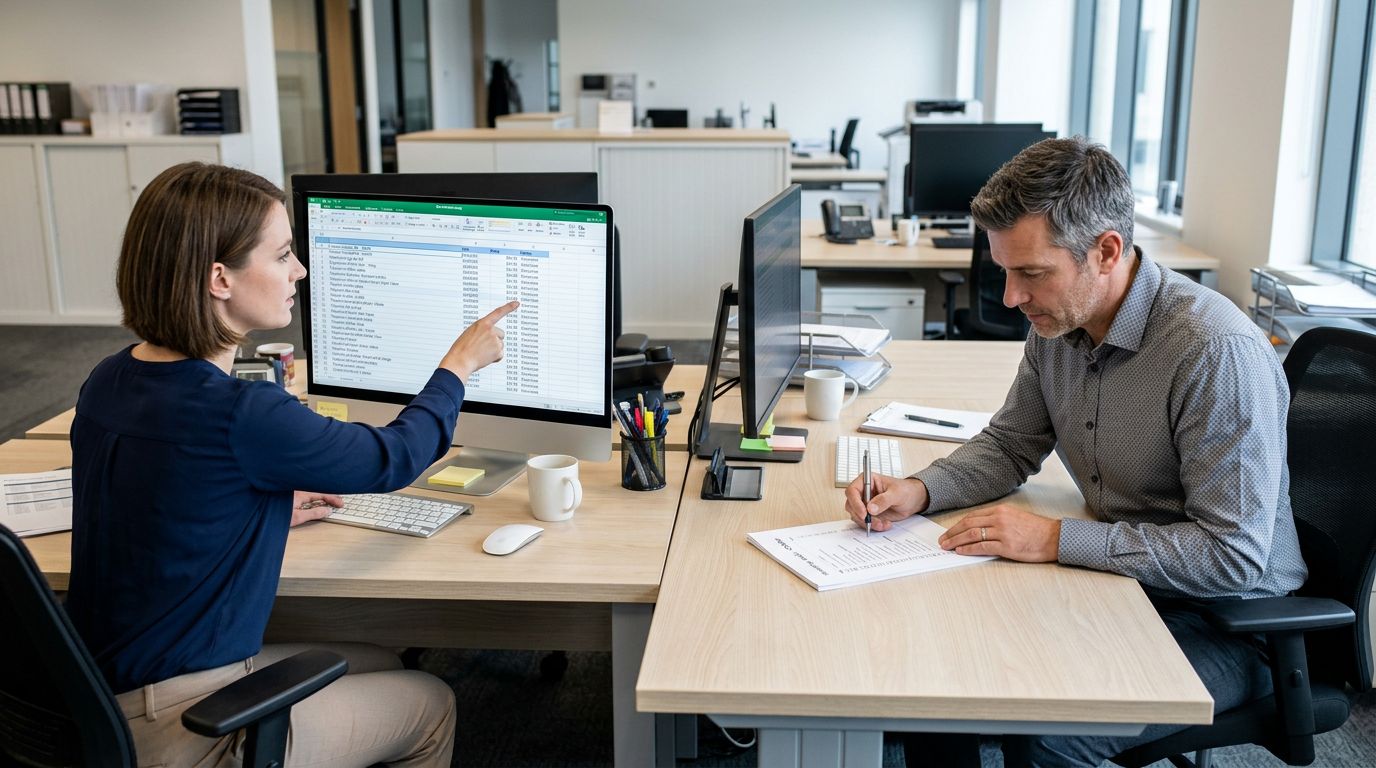 Two people at adjacent desks, one pointing at a monitor showing rows of product titles, the other reviewing a printed checklist, both in sharp focus, colour photography.