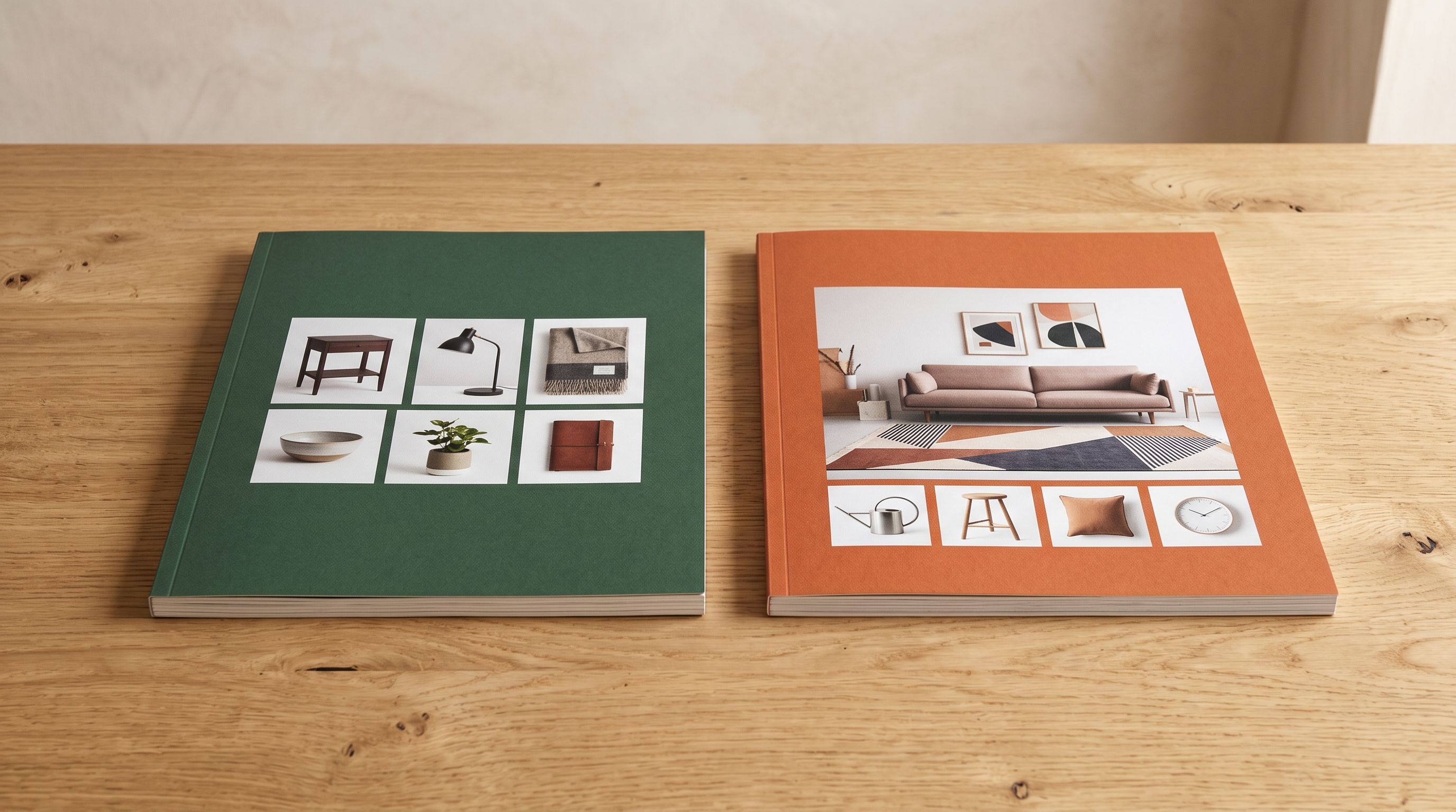 Two printed product catalogues on a desk positioned side by side with different coloured covers, each with a distinct product layout, representing two separate Shopify stores from the same supplier catalogue.