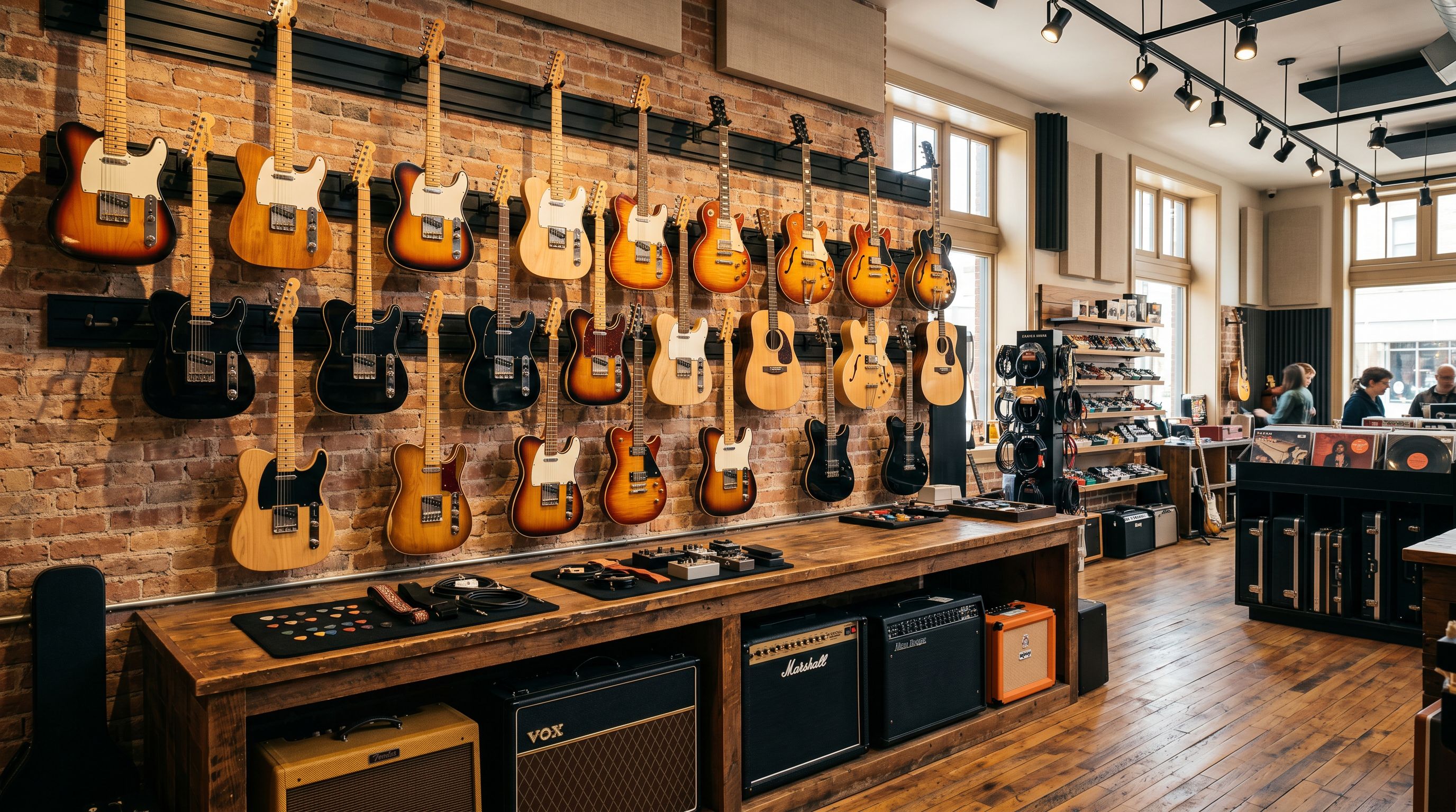 Music instrument retail store interior showing electric guitars in sunburst, black and natural finishes on wall-mounted display hooks.