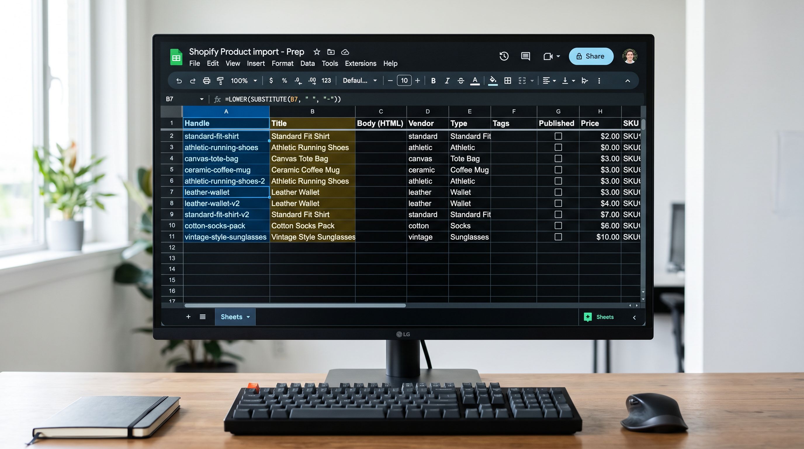 A spreadsheet on a monitor showing an import file with a Handle column explicitly populated with clean hyphenated slugs alongside the Title column, demonstrating the approach of setting handles before import to avoid Shopify's auto-generated numeric suffix collisions on product title duplicates, everything in sharp focus no blur no depth of field, colour photography.