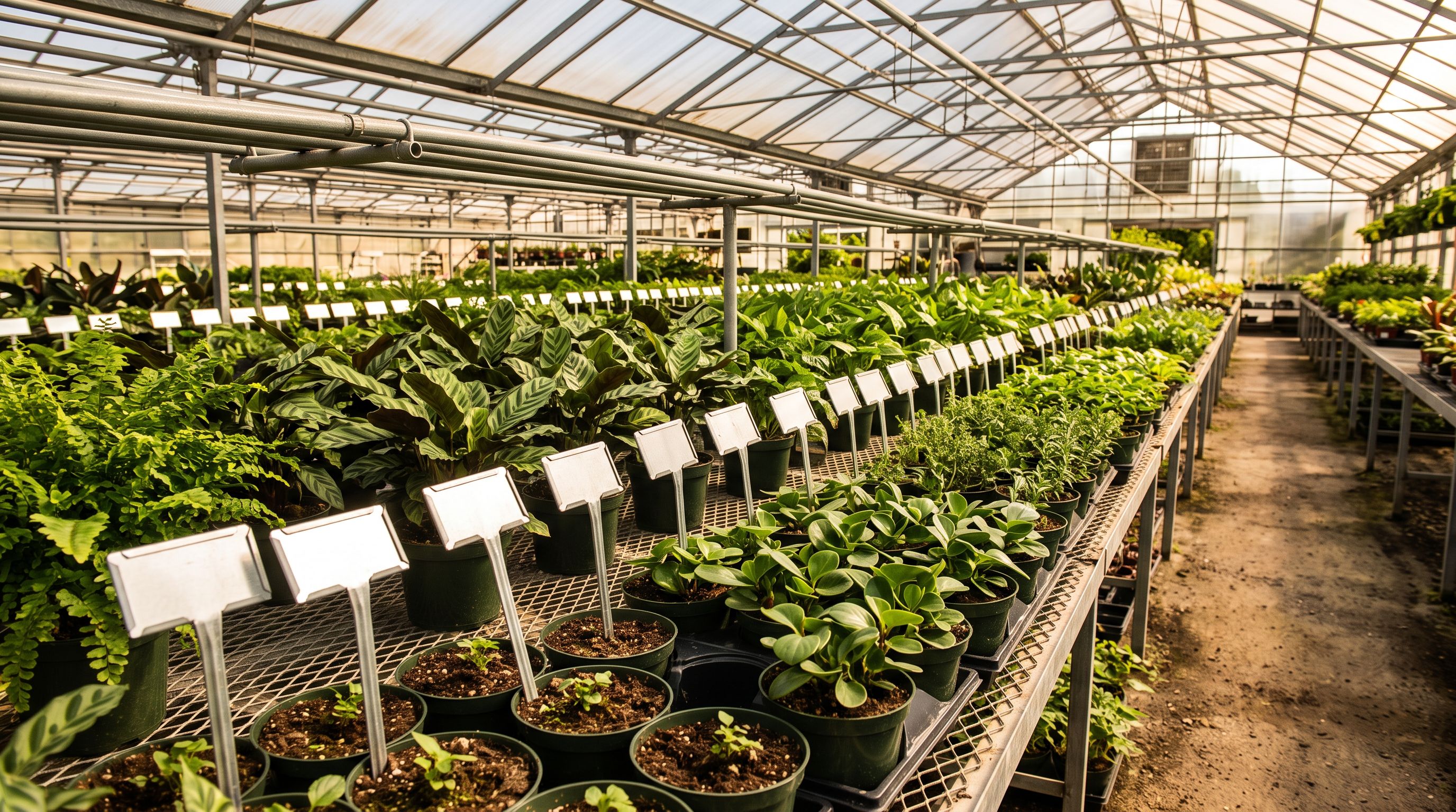 Nursery pots on greenhouse shelves with empty care label stakes, healthy plants present but identification markers bare