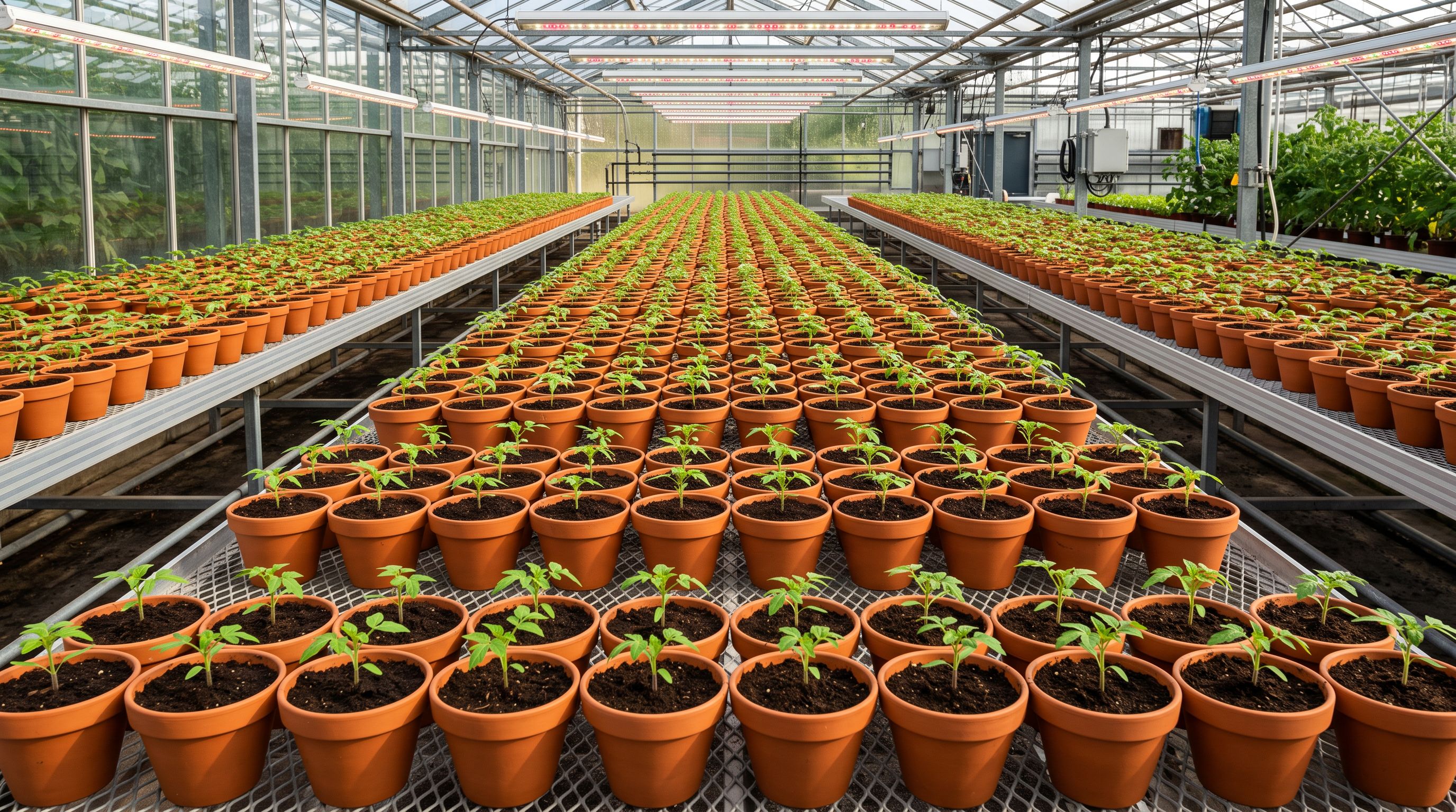 Identical terracotta pots in neat rows on nursery benches, same seedling species grouped by category under grow lights