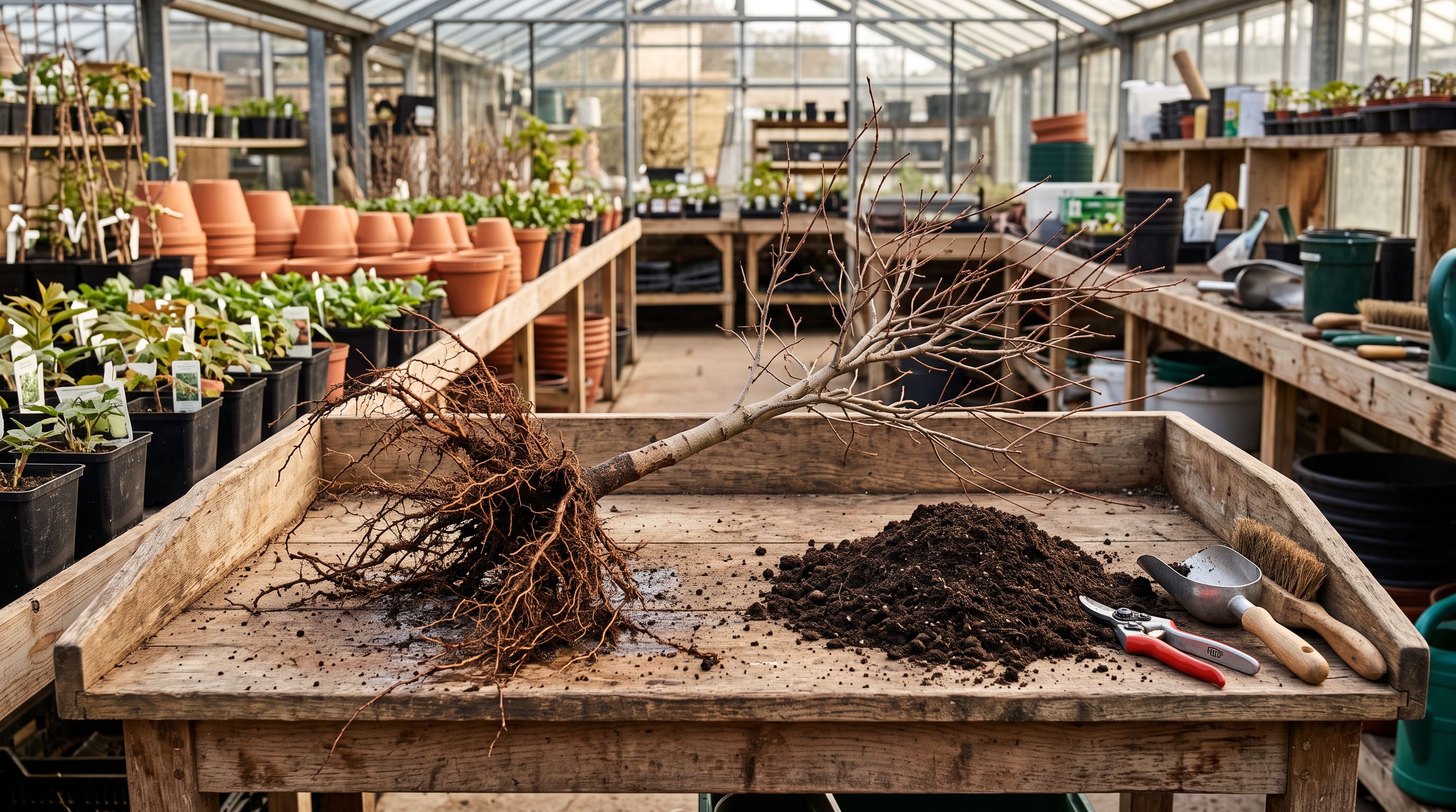 Deciduous bare-root tree with no foliage and exposed root structure on a wooden potting bench, pruning tools and soil nearby