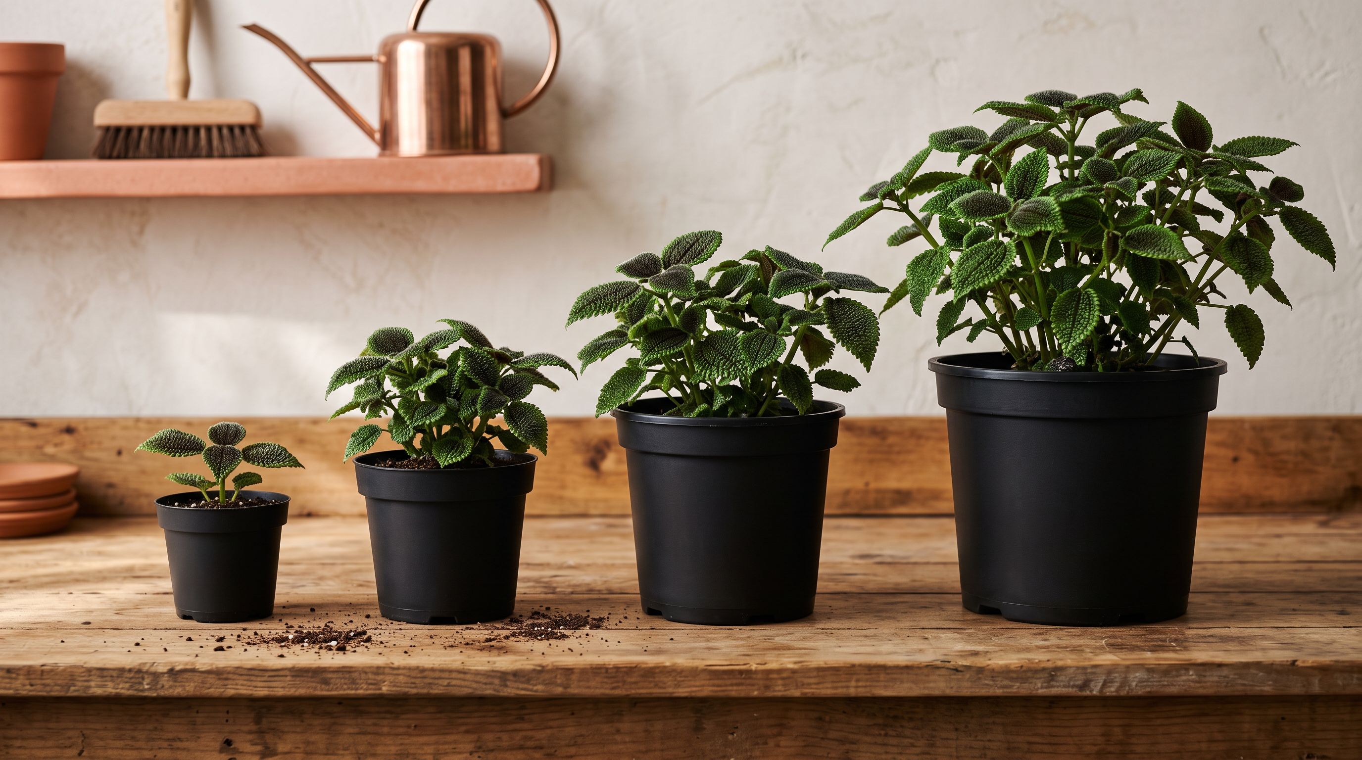 Four black plastic nursery pots from smallest to largest on a potting bench, same plant species at increasing maturity stages