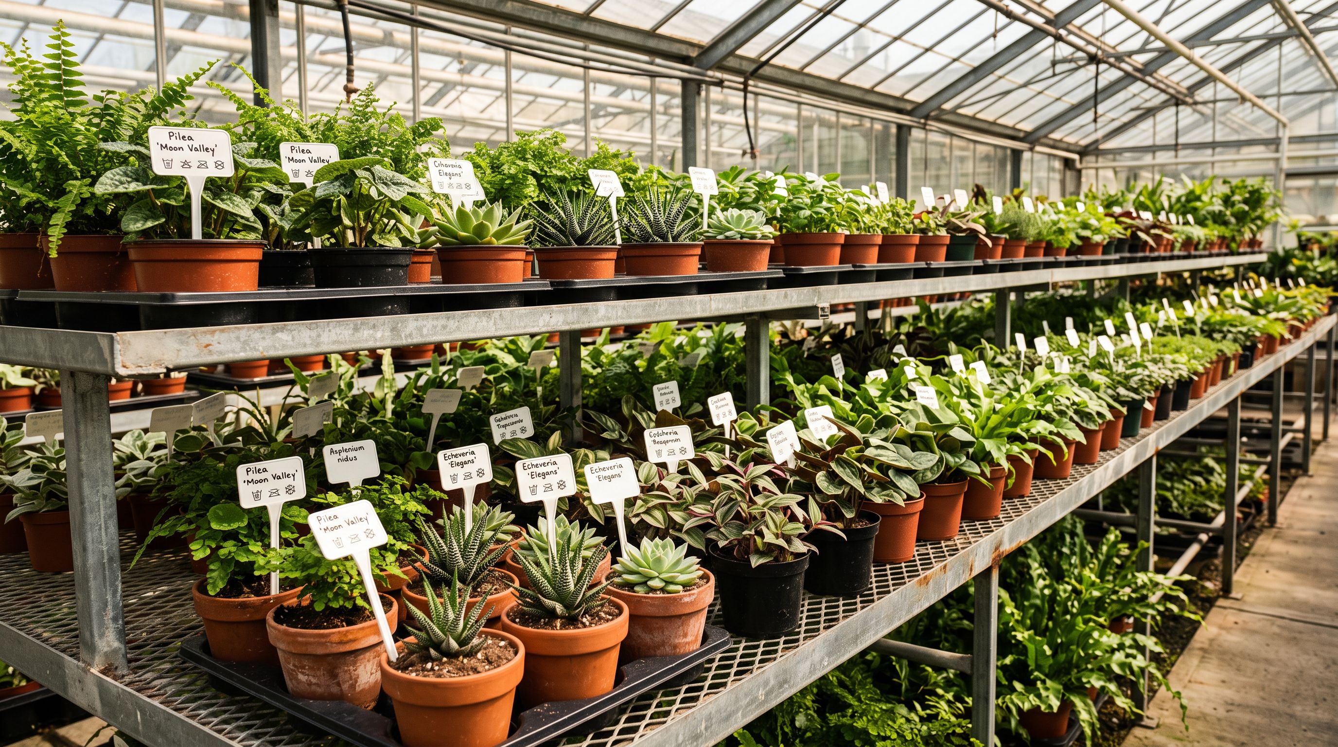 Green potted nursery plants in terracotta pots on greenhouse metal shelving with care label stakes, warm natural daylight
